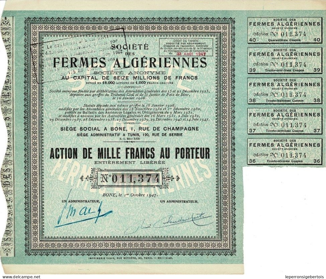 Titre De 1947 - Société Des Fermes Algériennes - - Africa