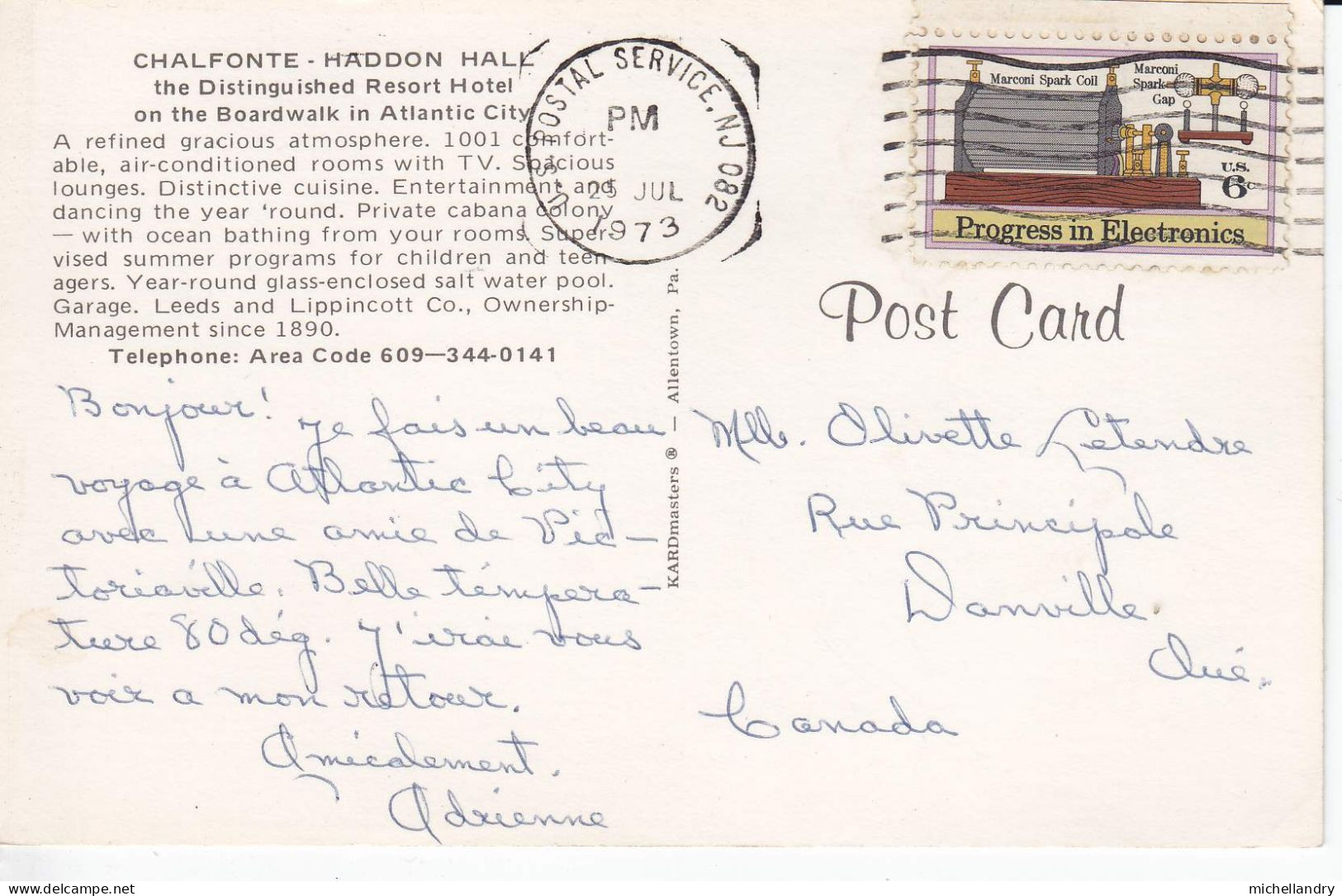 Carte Postal (123021) Chalfonte Haddon Hall Atlantic City Timbre 6c USA 25 Jul 1973 Avec écriture - Atlantic City