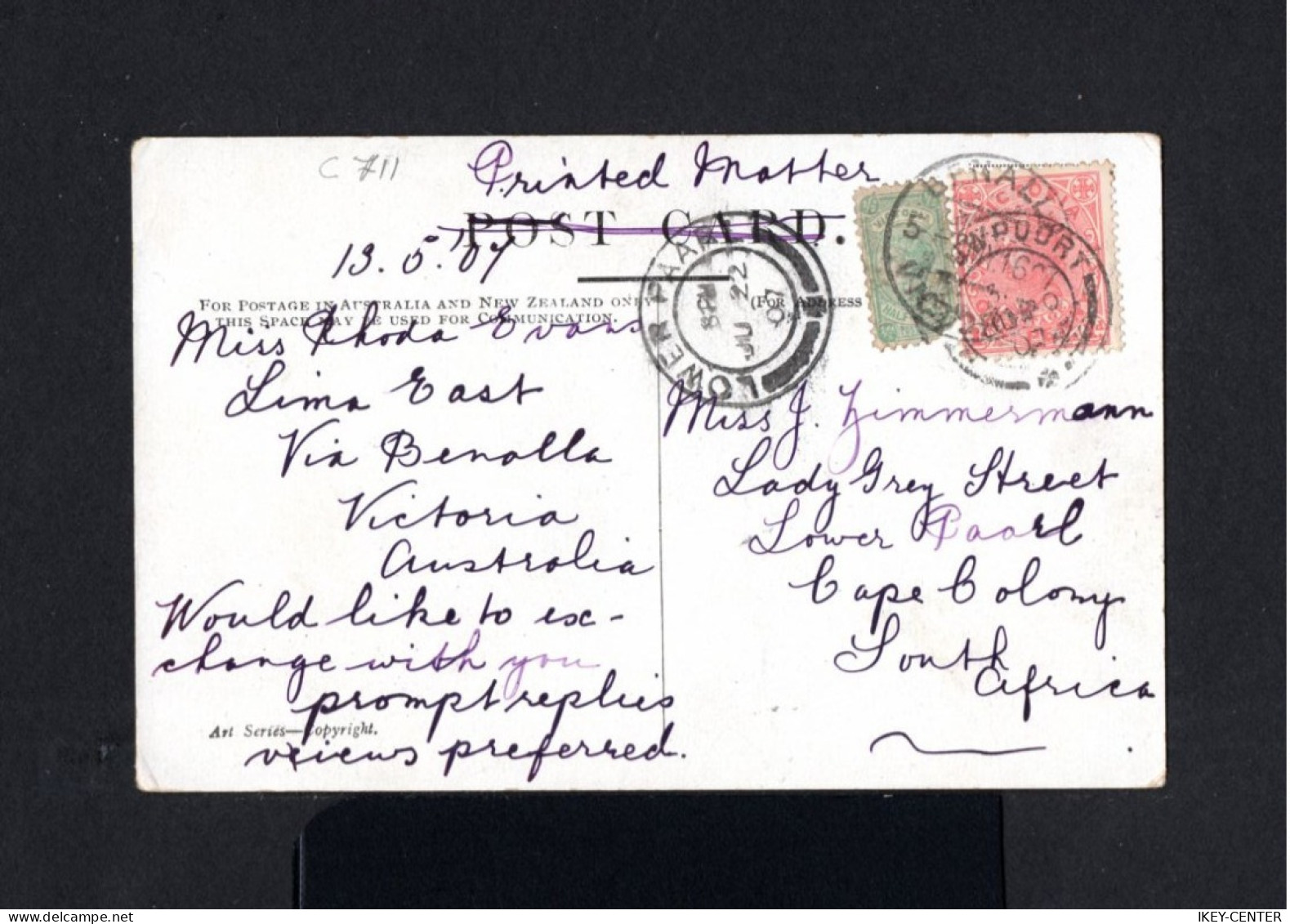 711-AUSTRALIA-VICTORIA.OLD POSTCARD BENALLA To CAPE COLONY (south Africa).1907.Carte Postale AUSTRALIE - Storia Postale