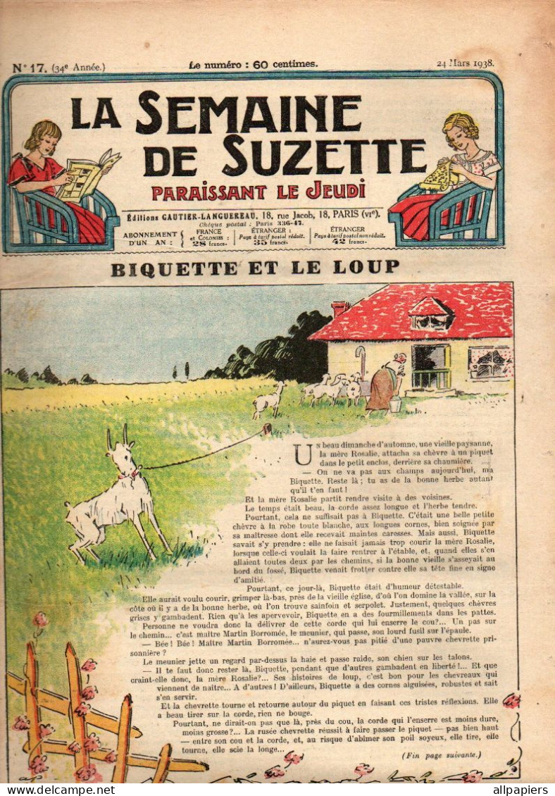 La Semaine De Suzette N°17 Biquette Et Le Loup - Le Trousseau De Bleuette Pyjama D'intérieur - Le Jeu Du Contour...1938 - La Semaine De Suzette