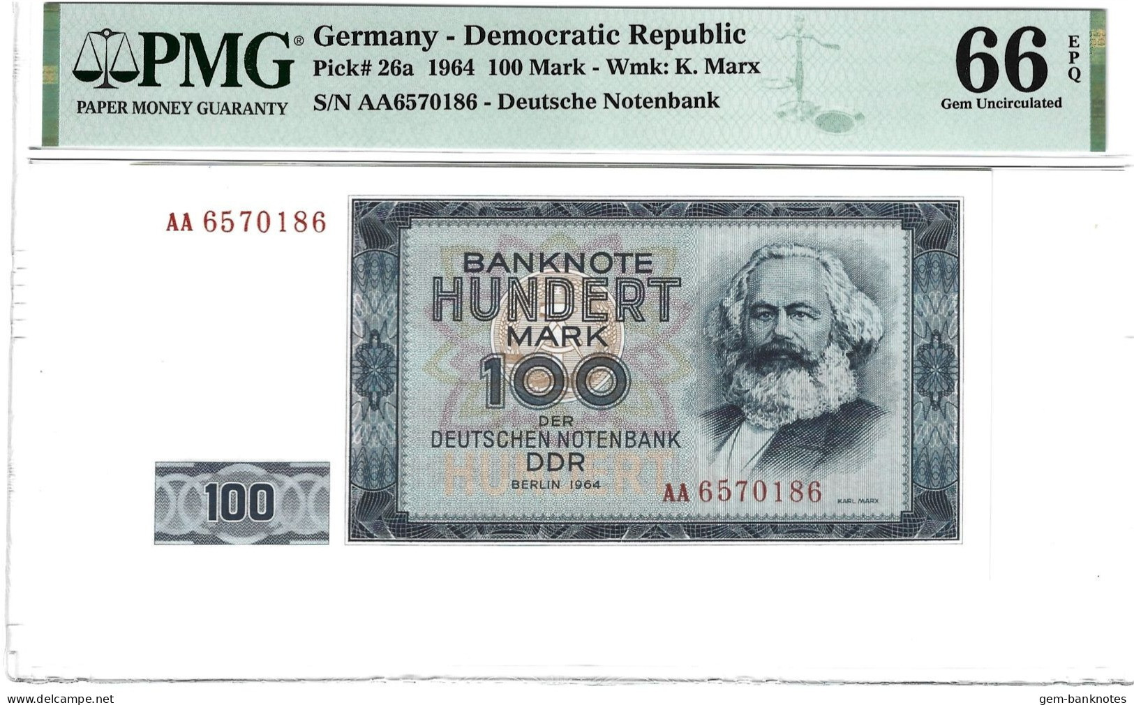 Germany Democratic Republic 100 Mark 1964 P26a Graded 66 EPQ Gem Uncirculated By PMG - 100 Deutsche Mark