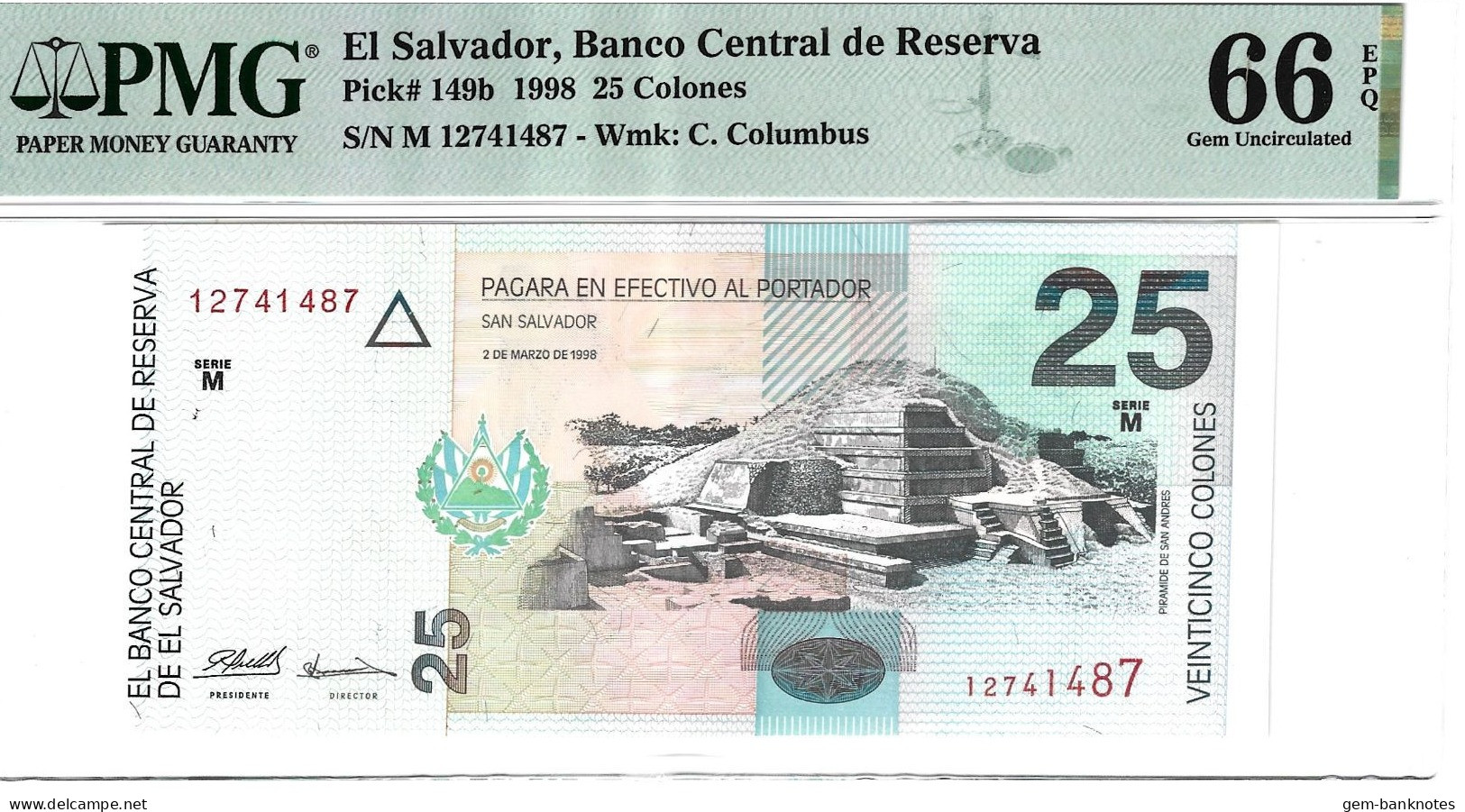 El Salvador 25 Colones 1998 P149b Graded 66 EPQ Gem Uncirculated By PMG - El Salvador