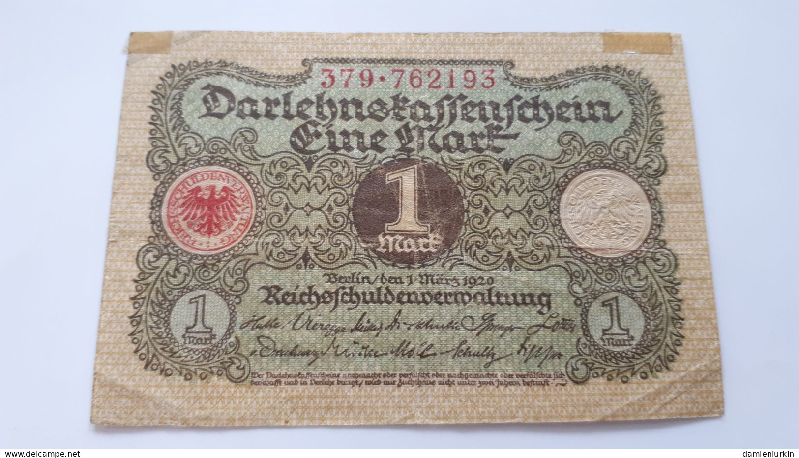 ALLEMAGNE GERMANY DEUTSCHLAND DARLEHNSKASSENSCHEIN 1 MARK 1920-03-01 1 MARS 1920 P-58a.3 - Imperial Debt Administration