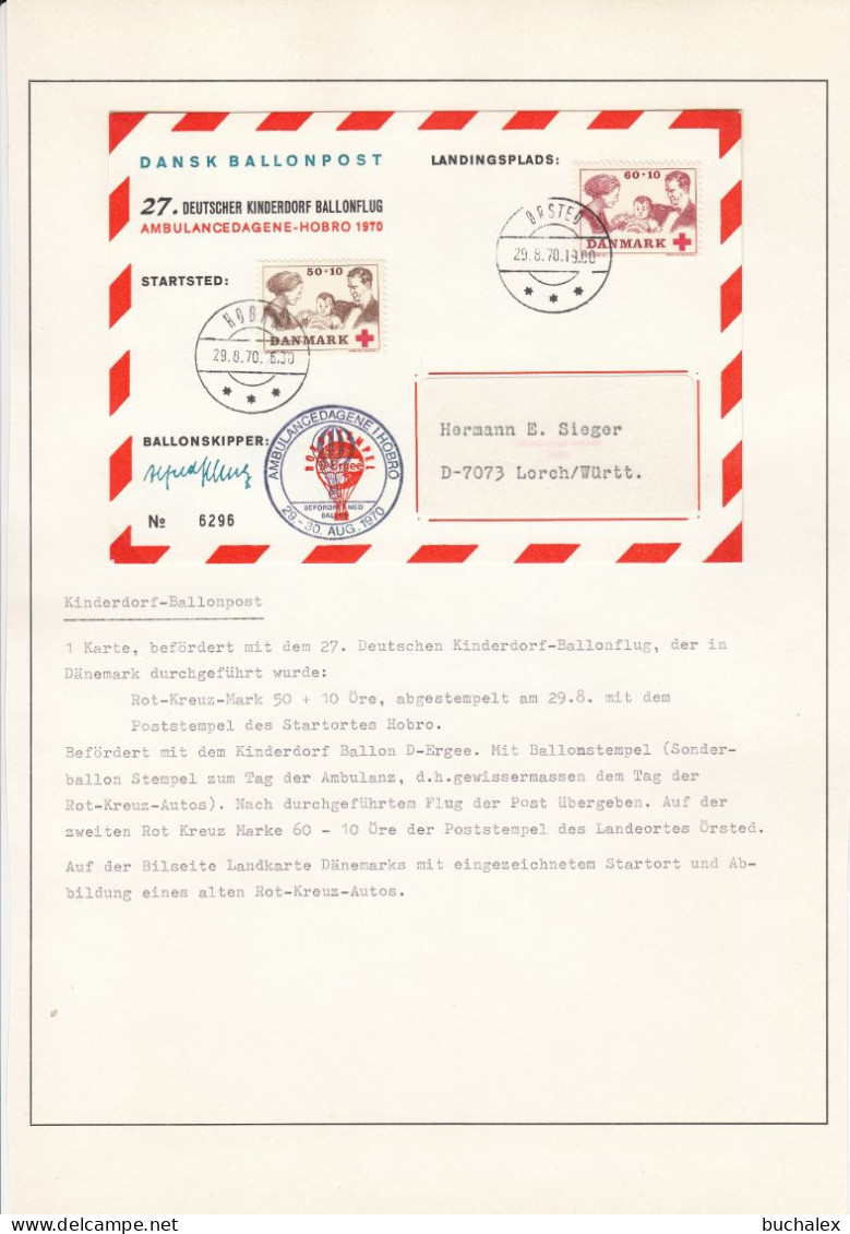 27. Deutscher Kinderdorf Sonderballonflug Dänemark 1970 Mit Pilotenunterschrift - Airmail