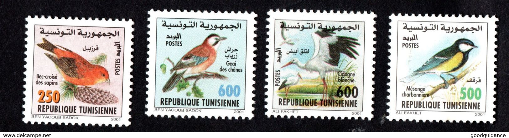 2001-Tunisie-Oiseaux De Tunisie-Cigogne Blanche-Bec-croisé– Geai Des Chênes-Mésange-Charbonnière– Série Compl.4v.MNH** - Moineaux