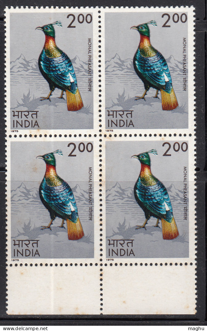 India MNH 1975, Block Of 4, 2.00 Birds, Bird, Monal Pheasant, Cond., Marginal Stains - Blokken & Velletjes