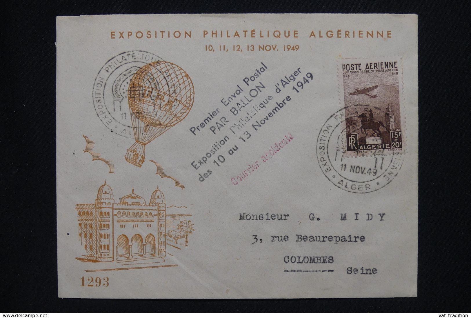 ALGERIE Française - Lettre Par Avion - Par Ballon - 1949 - A 507 - Airmail