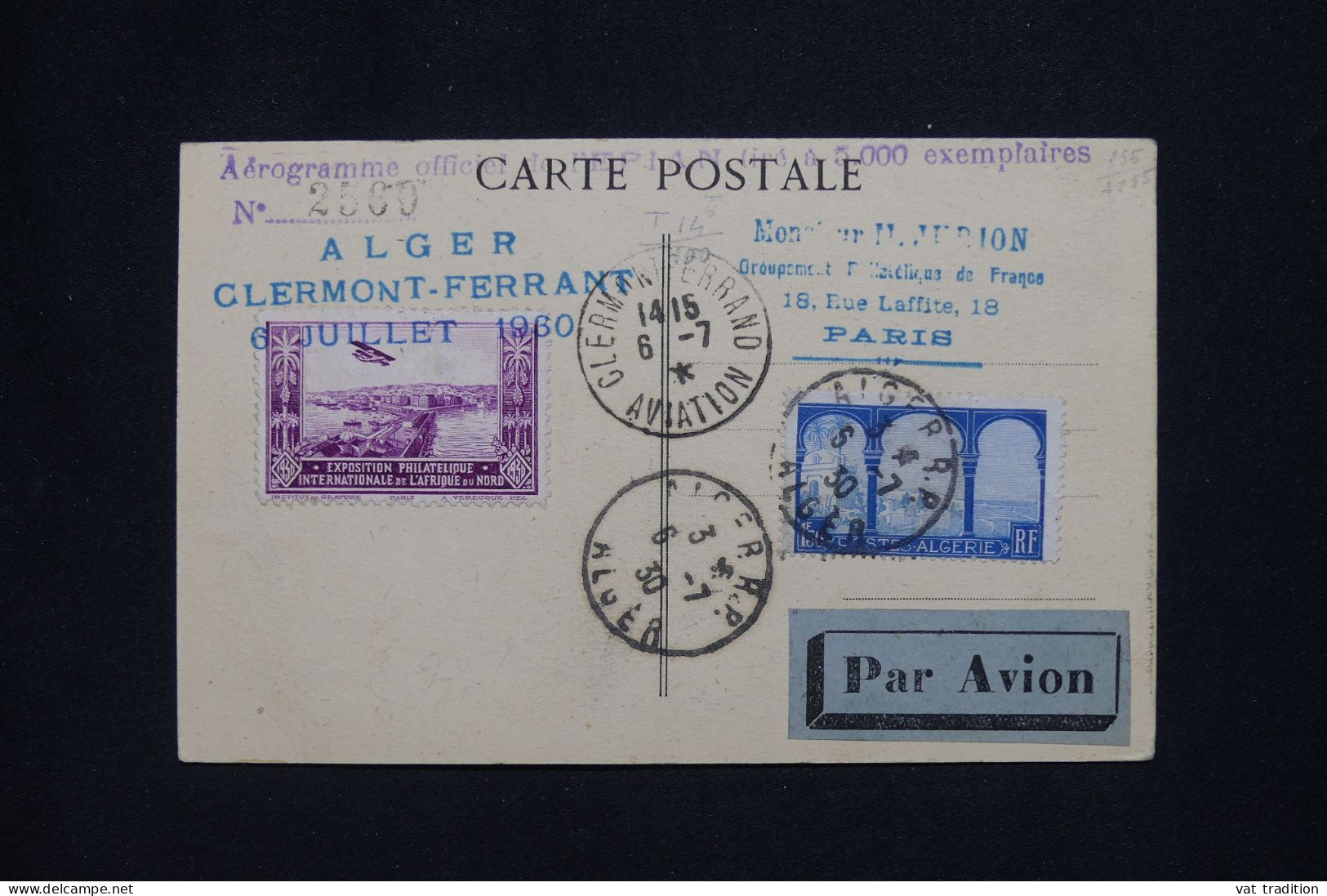 ALGERIE Française - Lettre Par Avion - Alger Clermont-Ferrant - 1930 - A 509 - Airmail