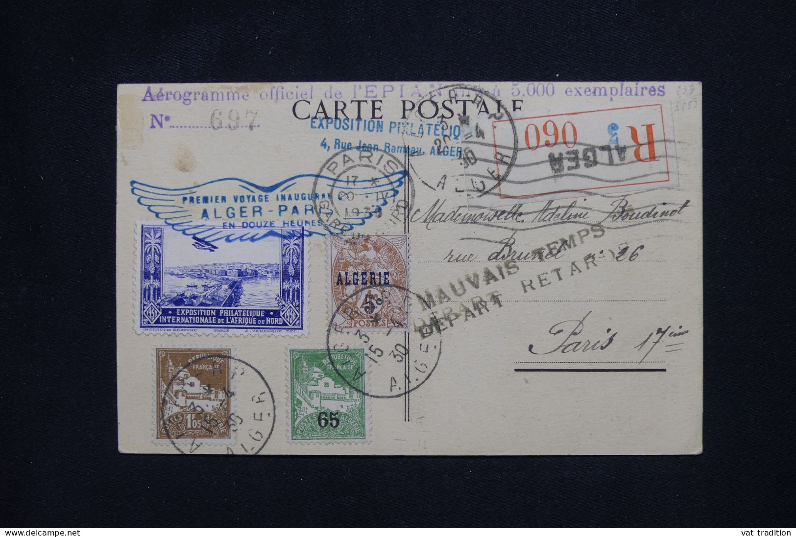 ALGERIE Française - Lettre Par Avion - Alger Paris - Départ Retardé - 1930 - A 510 - Airmail