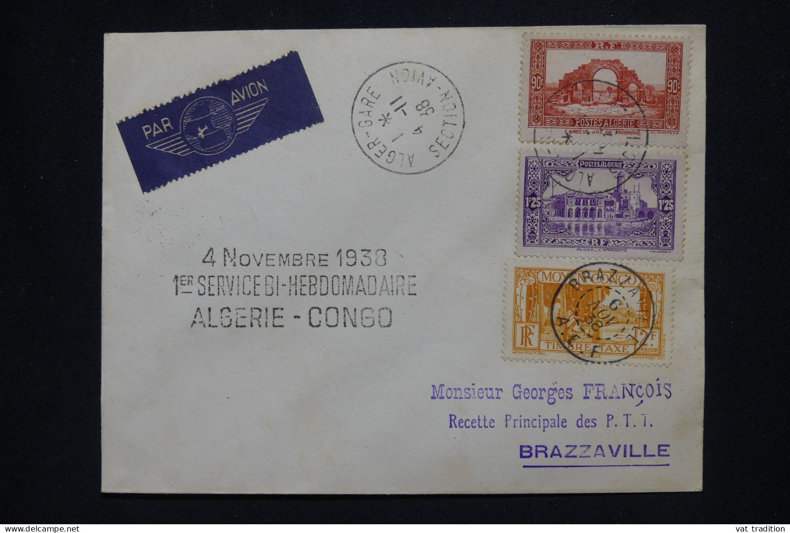 ALGERIE Française - Lettre Par Avion - Algérie Congo - 1938 - A 512 - Airmail