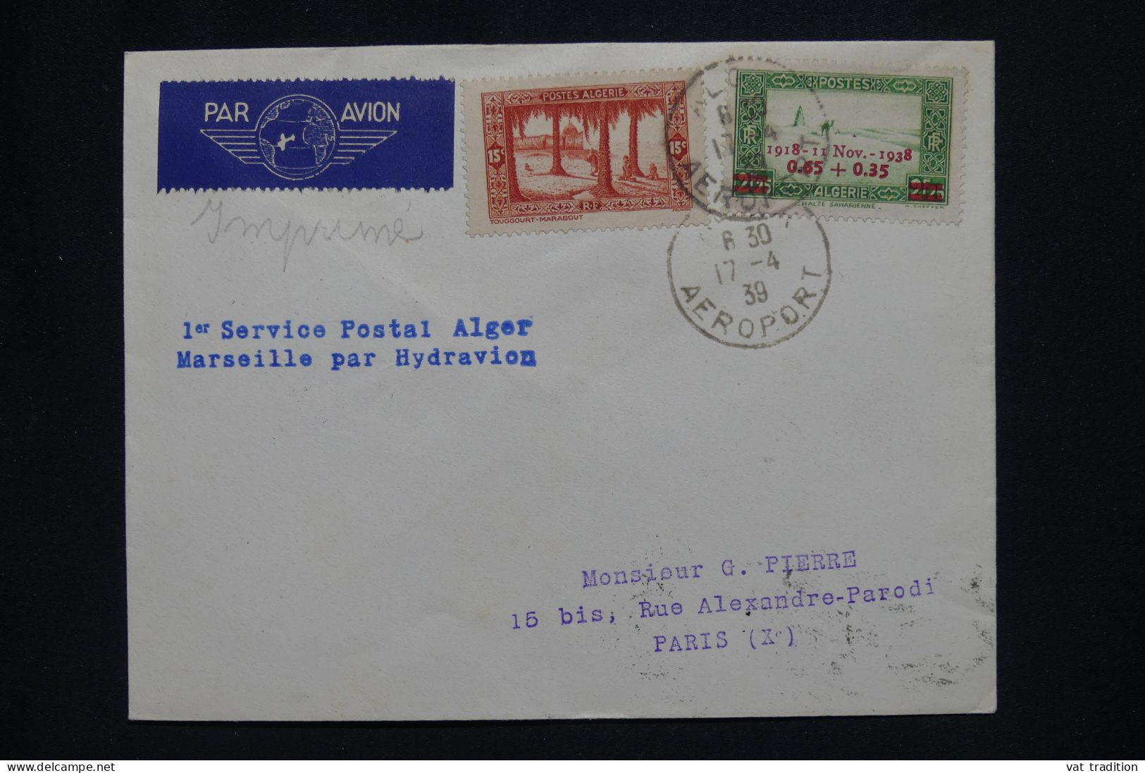 ALGERIE Française - Lettre Par Avion - Alger Marseille Par Hydravion - 1939 - A 516 - Airmail