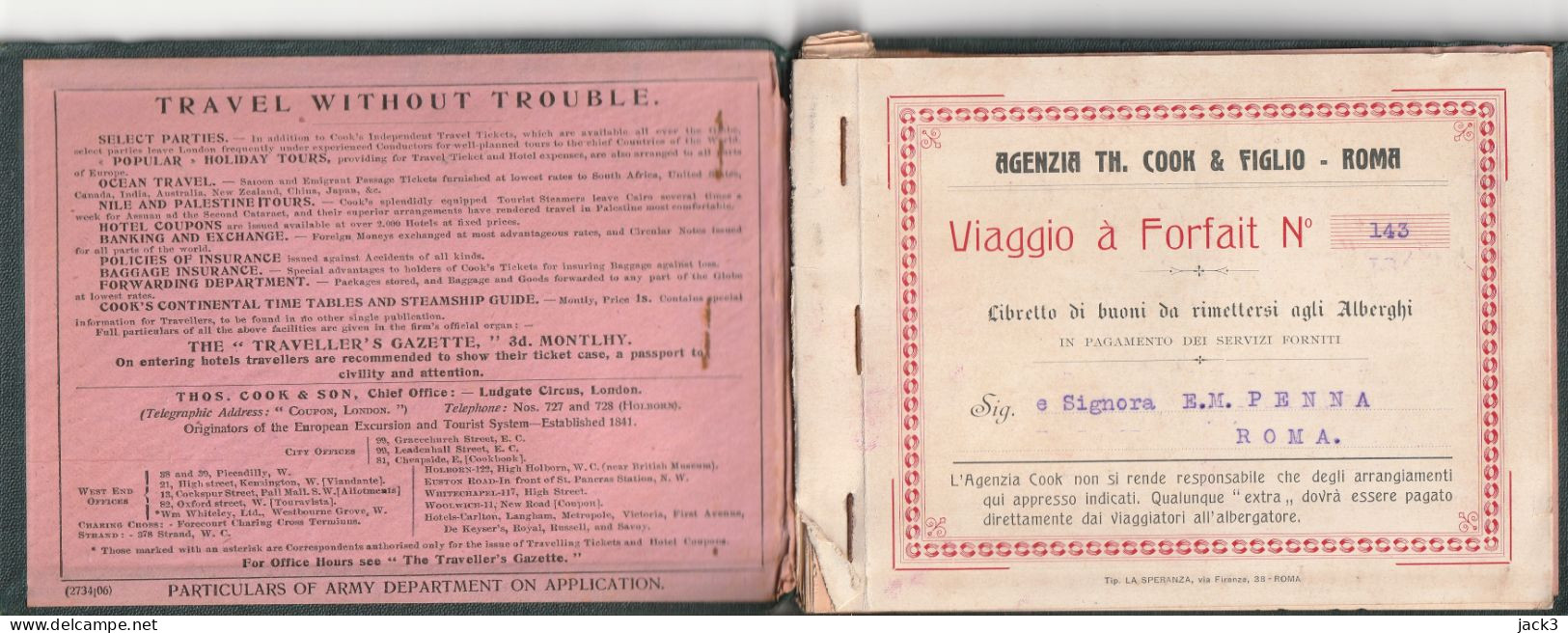 LIBRETTO TICHETS INTERNAZIONALI ITINERANTI - AGENZIA TH. COOK & FIGLIO - ROMA - Chèques & Chèques De Voyage