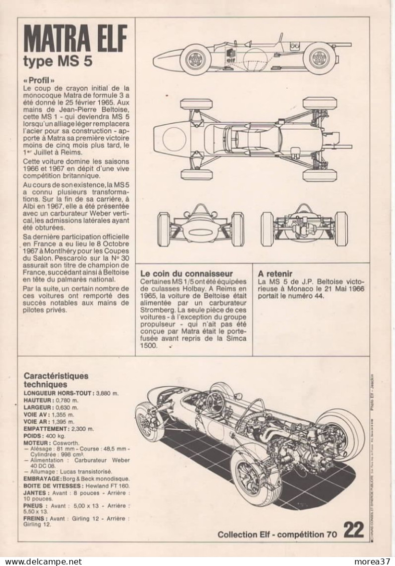 Fiche Technique De MATRA ELF Type MS 5  Offert Par Station Service ELF  N°22 - Automobile - F1