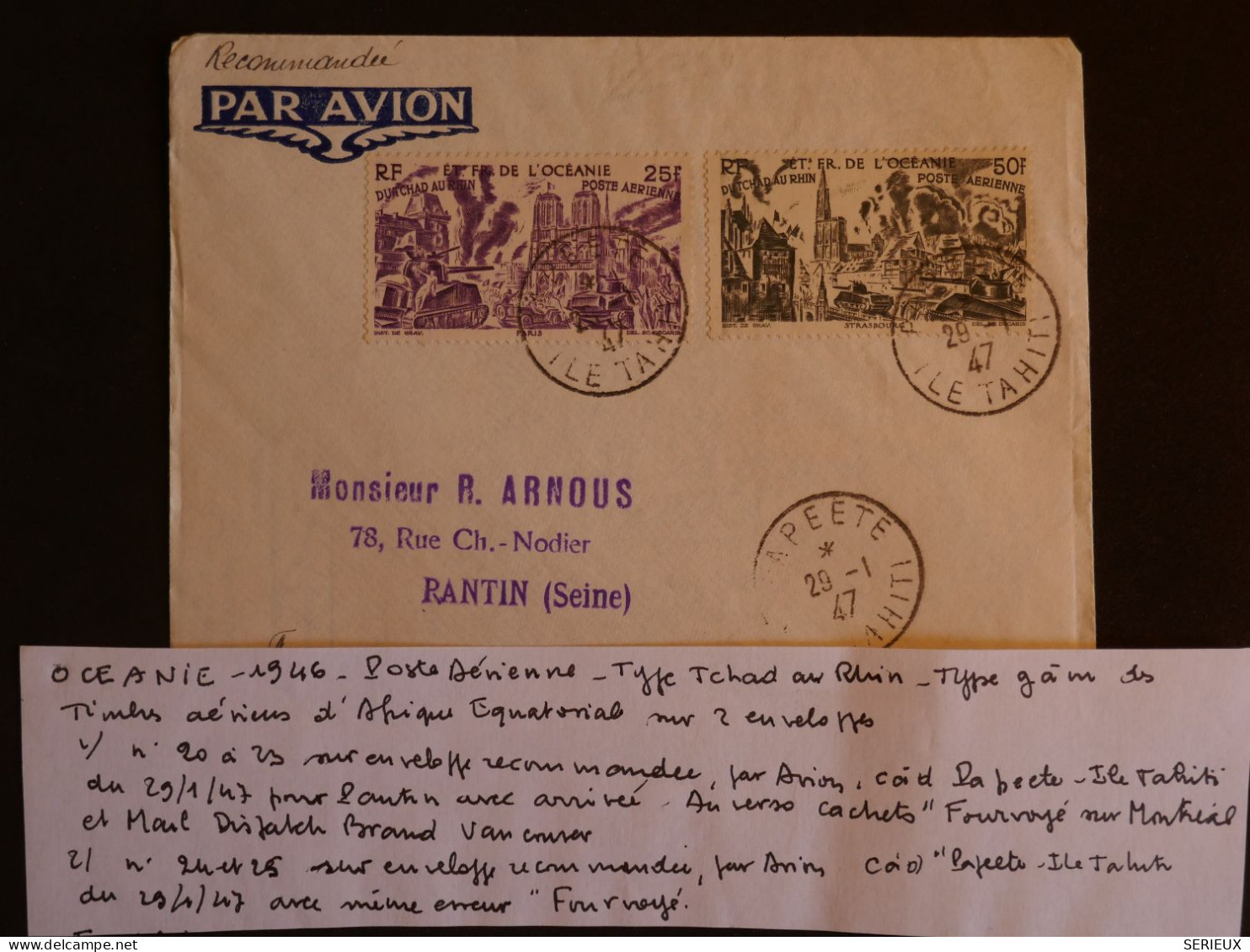 BU10 ET. D OCEANIE BELLE LETTRE RECO. RARE 1947 PAPEETE  A PANTINFRANCE ERREUR ARR. A MONTREAL   + + AFF. INTERESSANT+++ - Brieven En Documenten