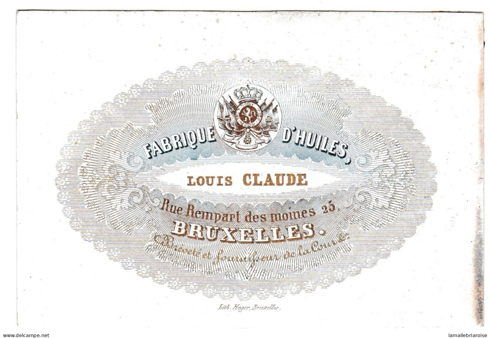 Belgique, Carte Porcelaine, Porseleinkaart, Louis Claude, Fabrique D'huile, Bruxelles, Dim:107 X73mm - Cartoline Porcellana