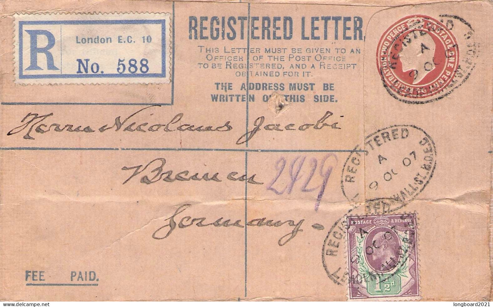 GREAT BRITAIN - REGISTERED MAIL 1907 LONDON - BREMEN/DE  / *182 - Storia Postale