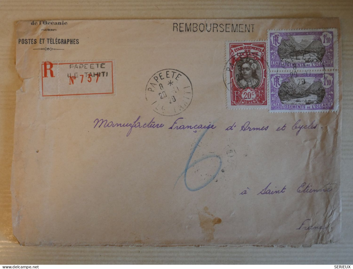 BU10 ET. D OCEANIE BELLE LETTRE RECO. RARE 1929 PAPEETE  A ST ETIENNE  FRANCE + PAIRE DE TP + AFF. INTERESSANT+++ - Lettres & Documents