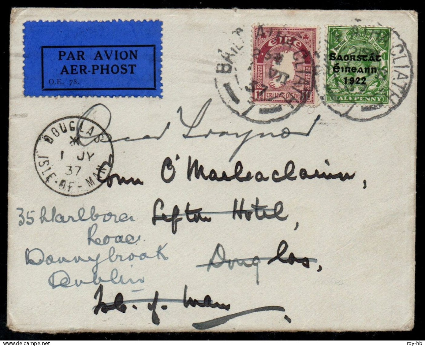 1937 Cover From Dublin For The 1st Experimental Flight (First Season) To The Isle Of Man, Autographed - Airmail
