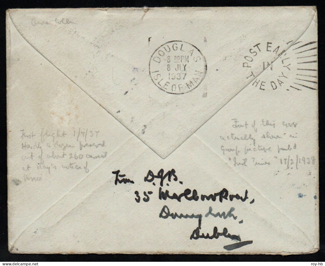 1937 Cover From Dublin For The 1st Experimental Flight (First Season) To The Isle Of Man, Autographed - Airmail