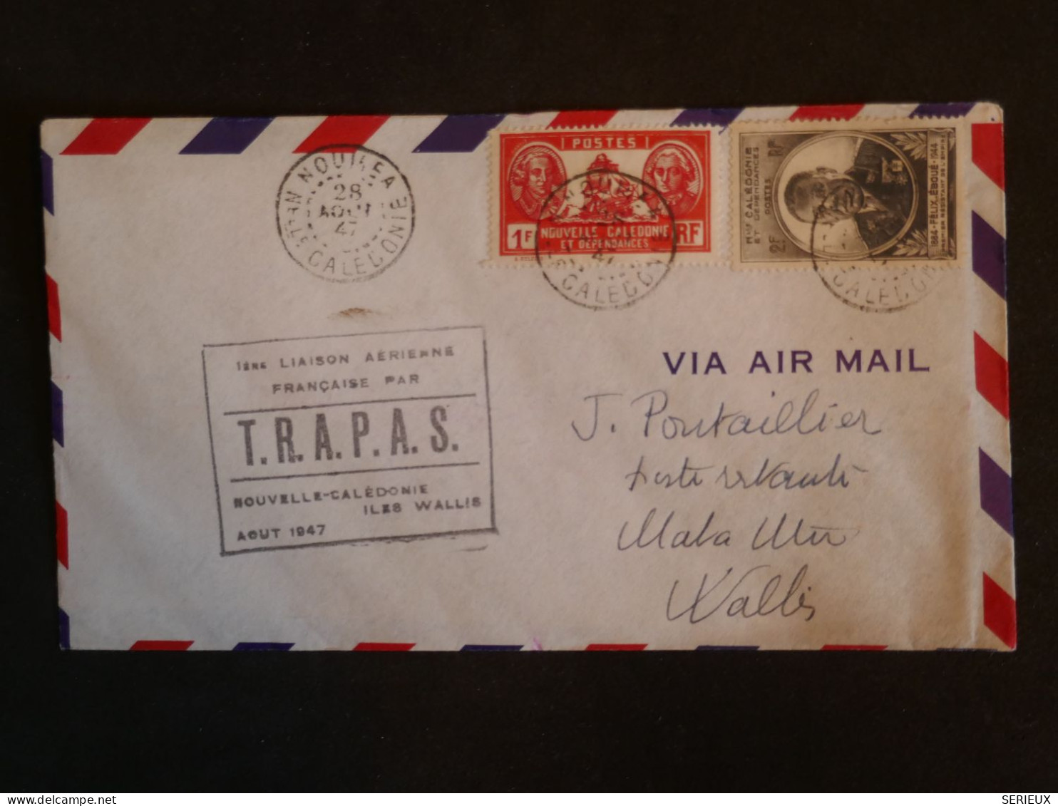 BU10 NOUVELLE CALEDONIE BELLE LETTRE RR 1937 1ER VOL TRAPAS  NOUMEA A WALLIS +BANDE DE 3 TP  + AFF. INTERESSANT+ - Storia Postale