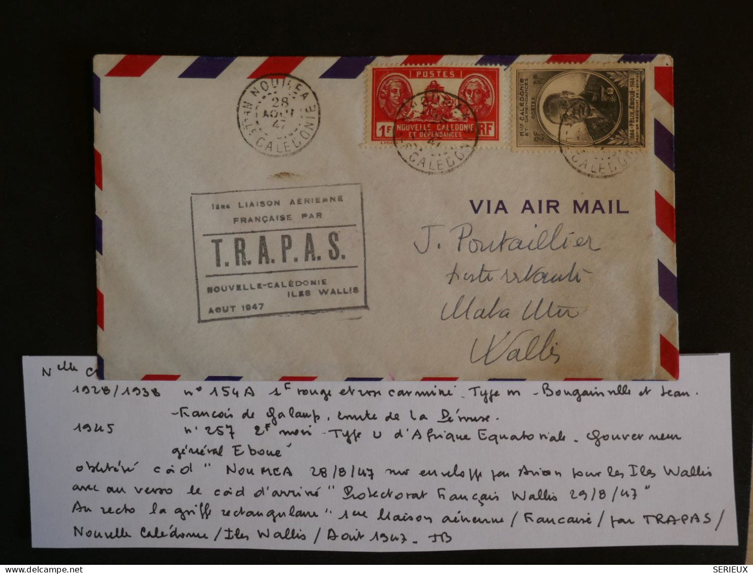 BU10 NOUVELLE CALEDONIE BELLE LETTRE RR 1937 1ER VOL TRAPAS  NOUMEA A WALLIS +BANDE DE 3 TP  + AFF. INTERESSANT+ - Lettres & Documents