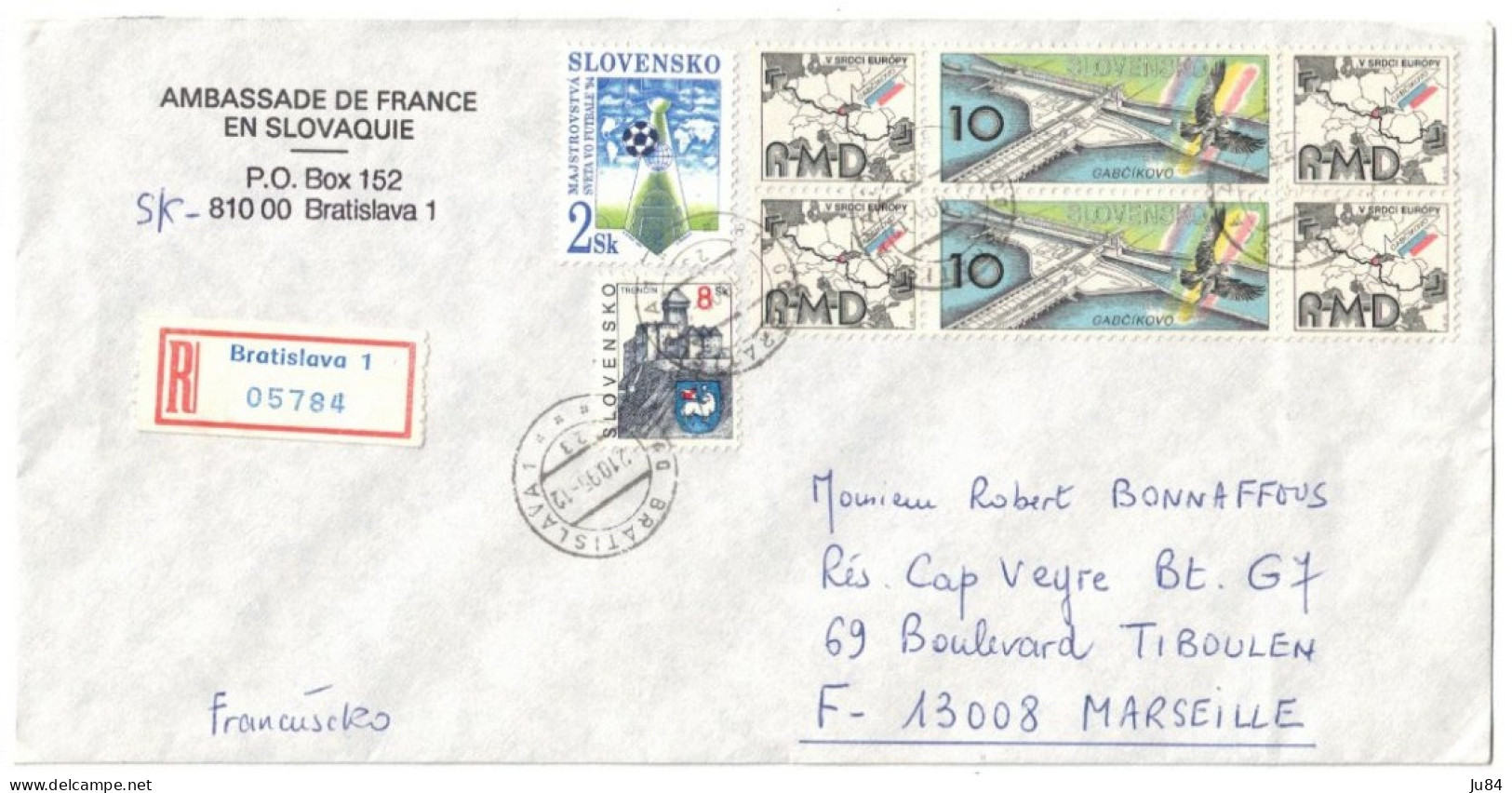 Slovaquie - Slovensko - Bratislava - Ambassade De France En Slovaquie - Lettre Recommandée Pour Marseille (France) 1995 - Covers & Documents