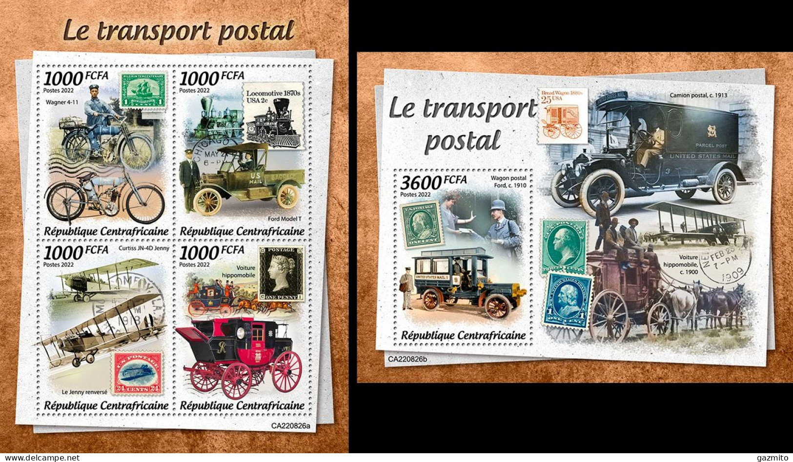 Centrafrica 2022, Postal Transport, Stamp On Stamp, Carriage, 4val In BF+BF - Stage-Coaches