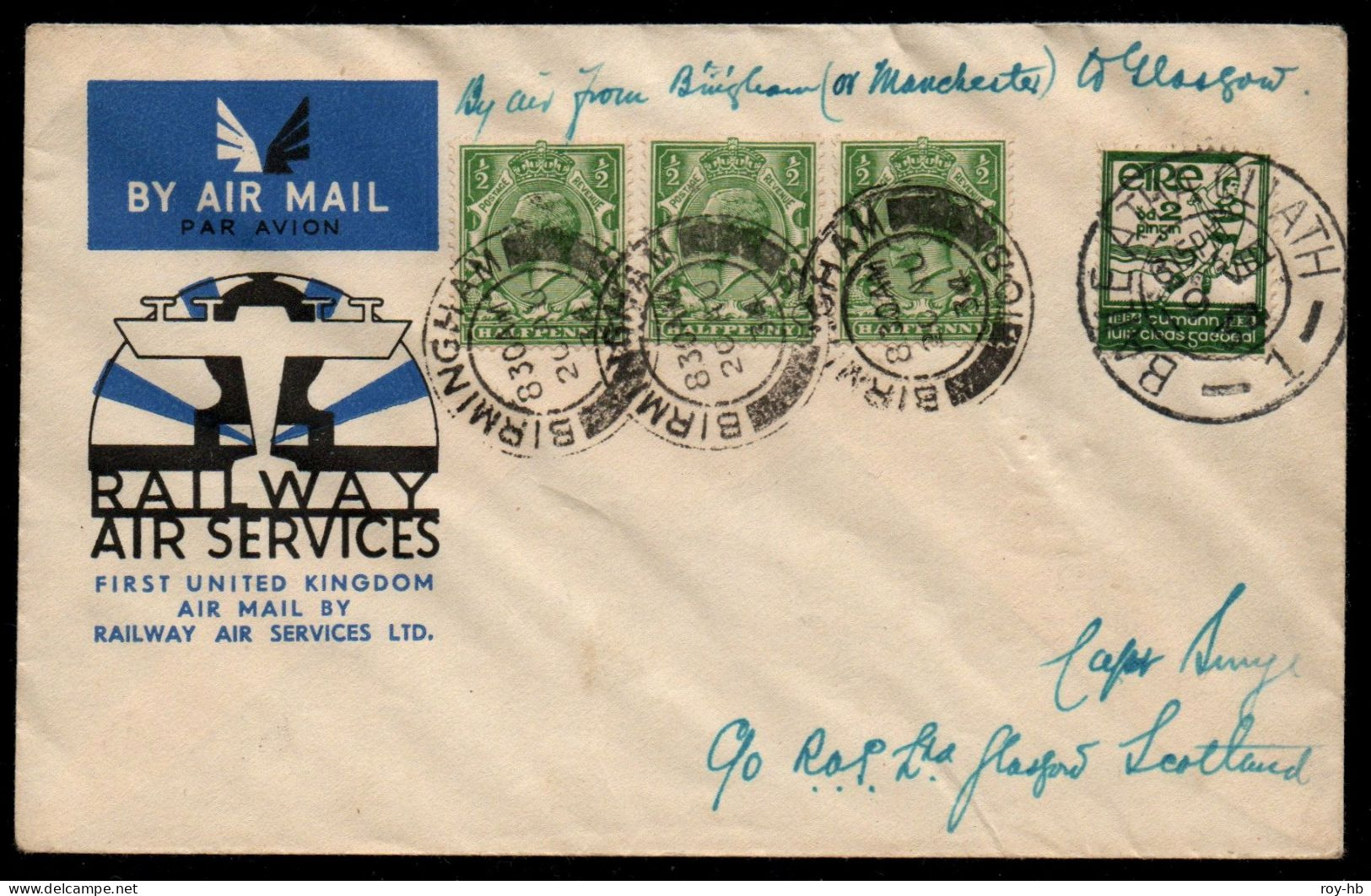 1934 (Aug. 19) "Smye" Special Cover With Dual Franking From Dublin For The 1st R.A.S. Airmail Via Birmingham To Glasgow - Poste Aérienne