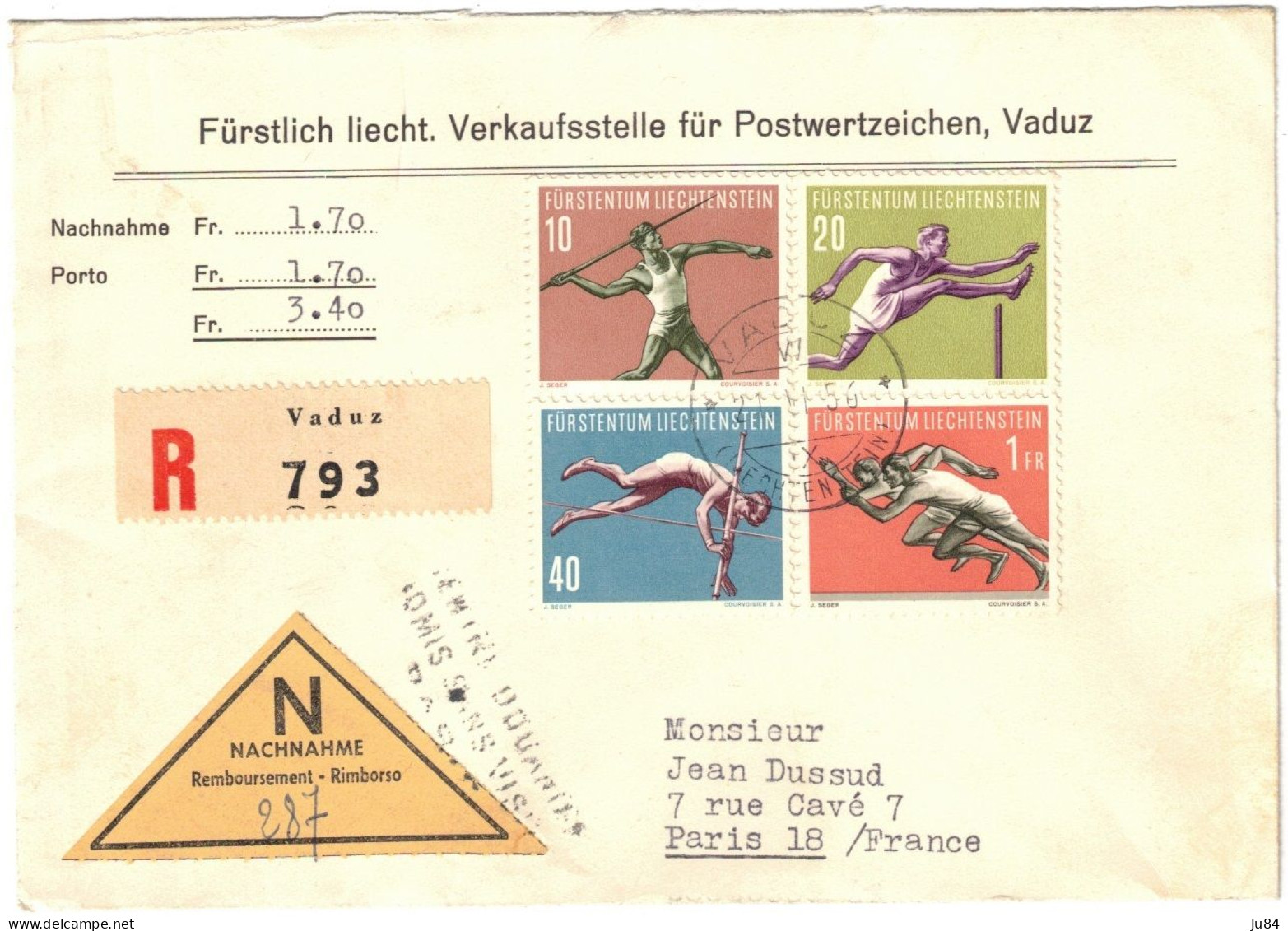 Liechtenstein - Vaduz - "Sportler" - Sport - FDC - Lettre Recommandée Pour La France - 14 Mai 1957 - Cartas & Documentos