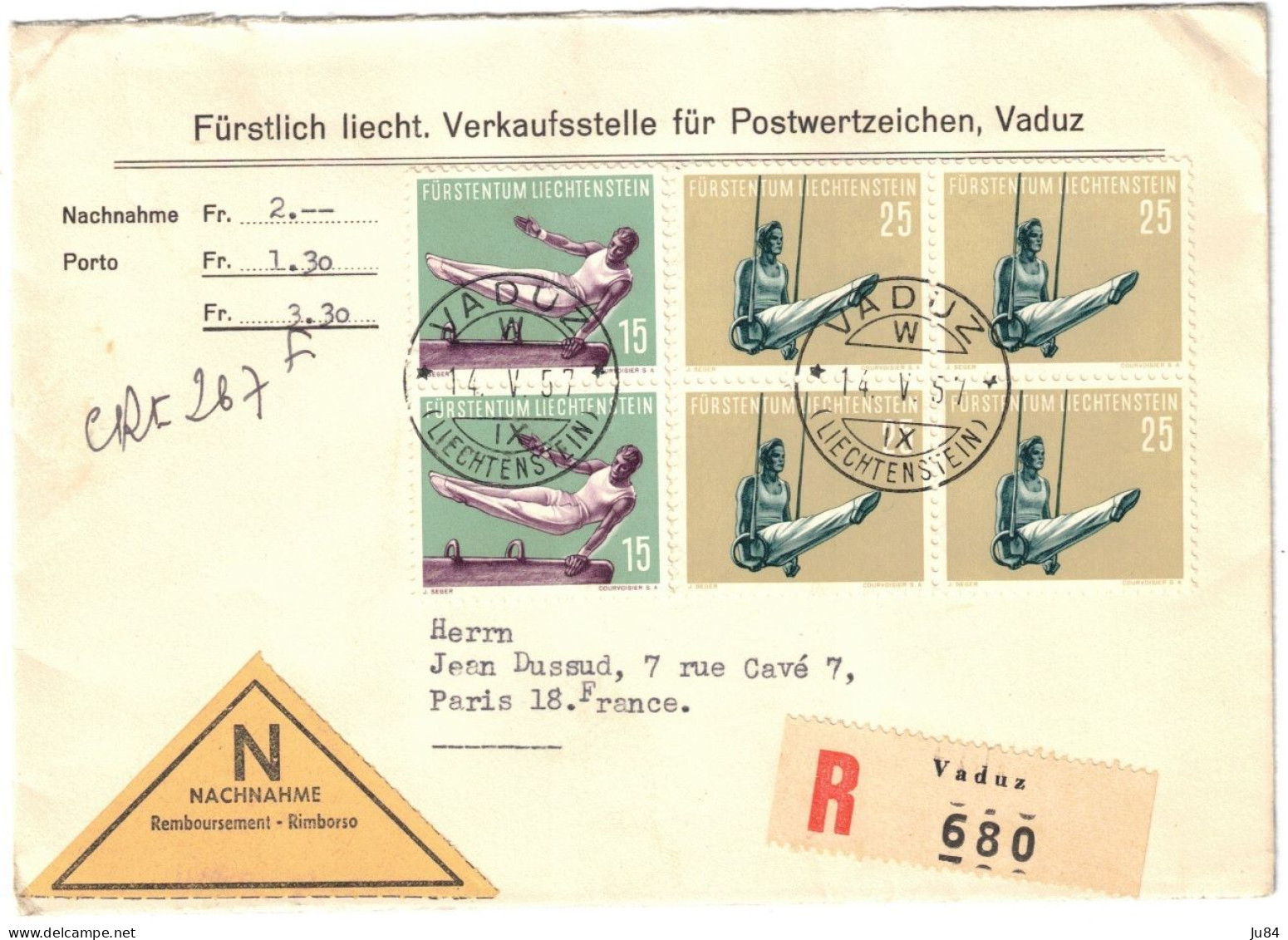 Liechtenstein - Vaduz - "Sportler" - Sport - Gym - FDC - Lettre Recommandée Pour La France - 14 Mai 1957 - Lettres & Documents