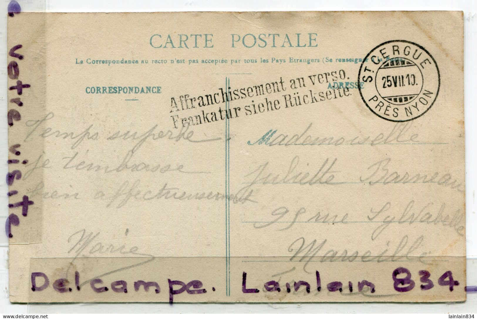 - Saint Cergues Et La Dôle - Prés Nyon, Cachet Rectangulaire Au Verso,  Splendide, épaisse, écrite 1910, TTBE, Scans. - Nyon