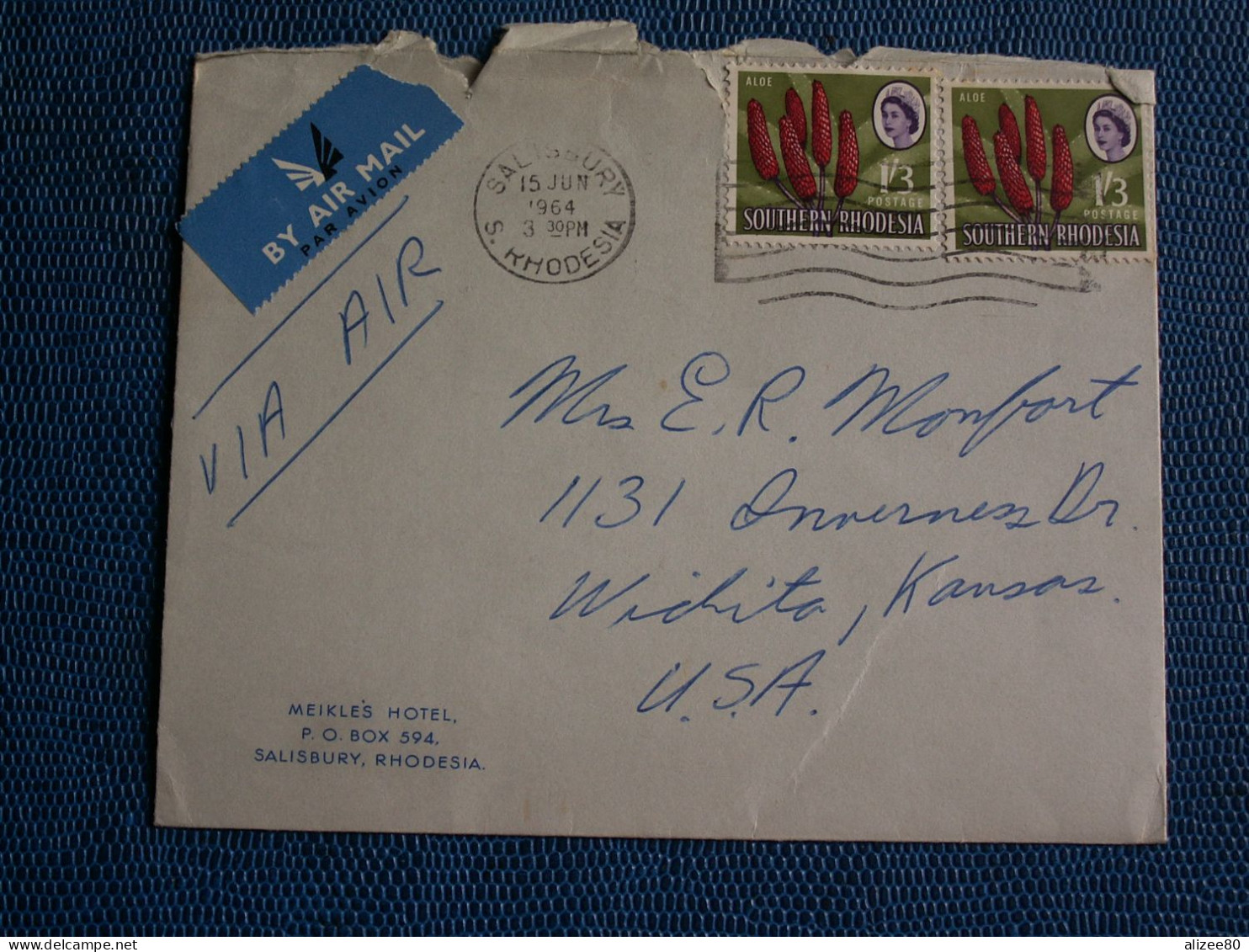 ENVELOPPE   AVION   De SALISBURY -- MEKNES  HOTEL 1964 Pour  Les  U S A  1964 - Covers & Documents