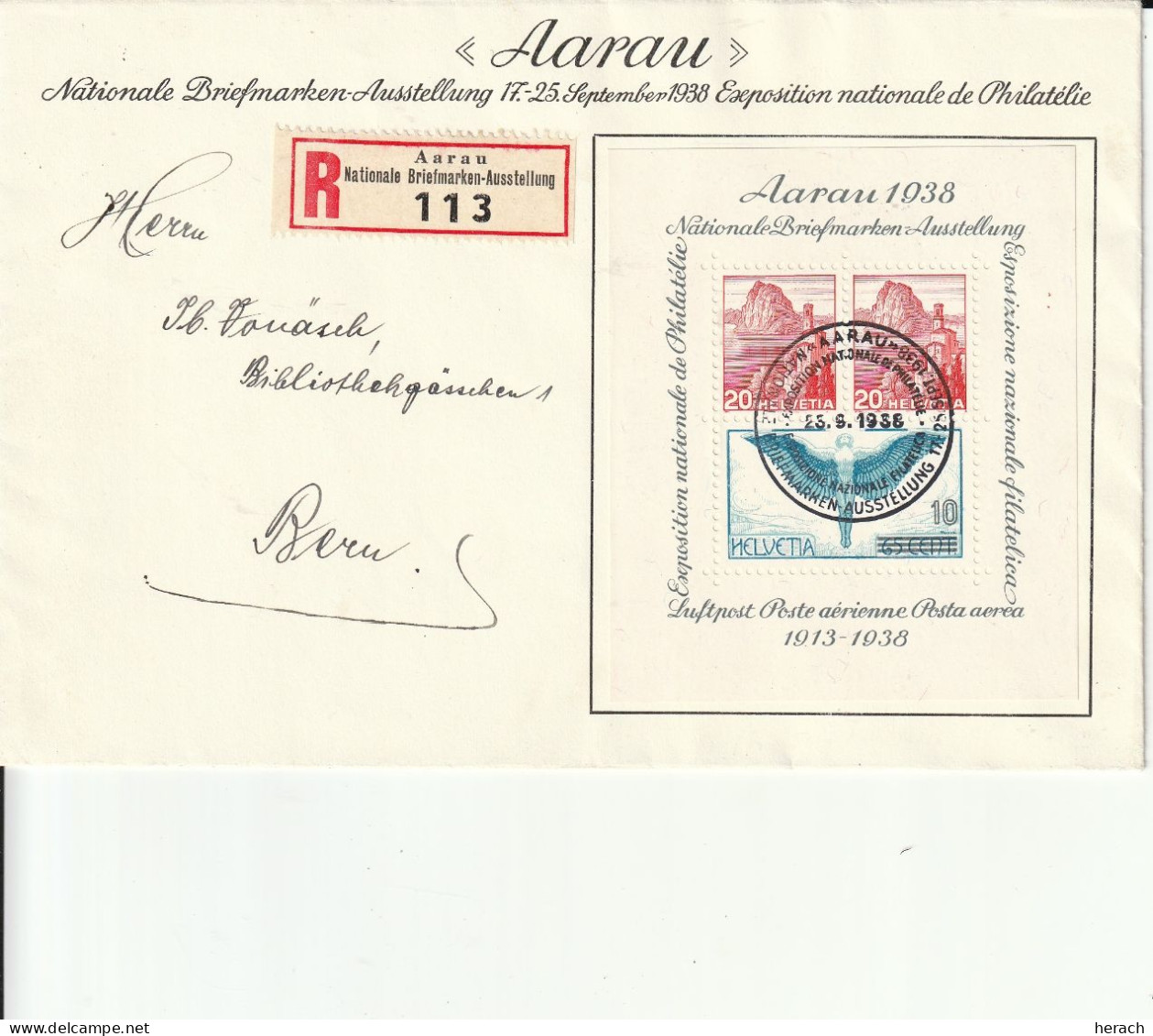 Suisse Bloc Aarau Sur Lettre Recommandée 1938 - Franqueo