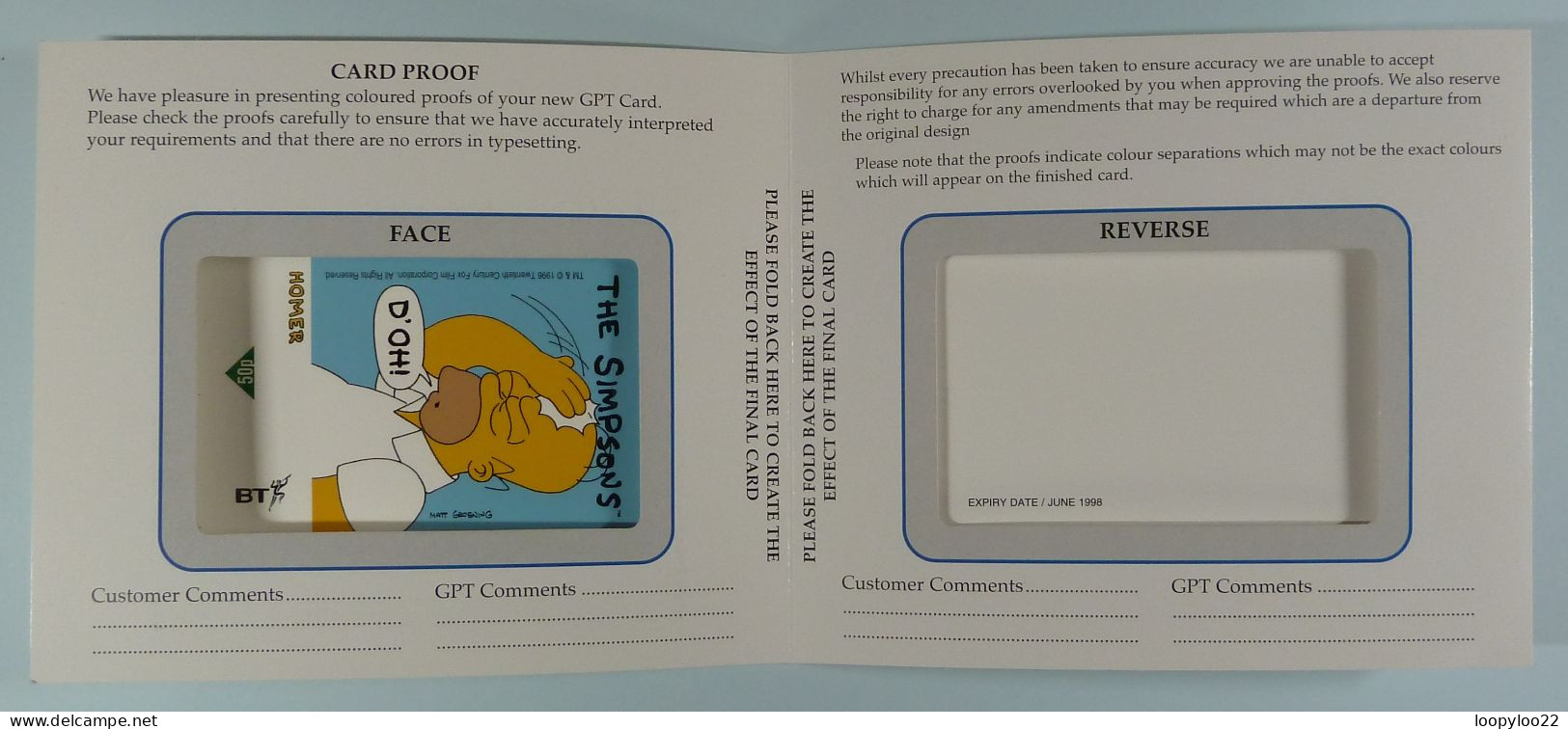 UK - Great Britain - BT / GPT  - Card Proof - Simpson Homer - 13/8/96 - In Folder - Otros & Sin Clasificación