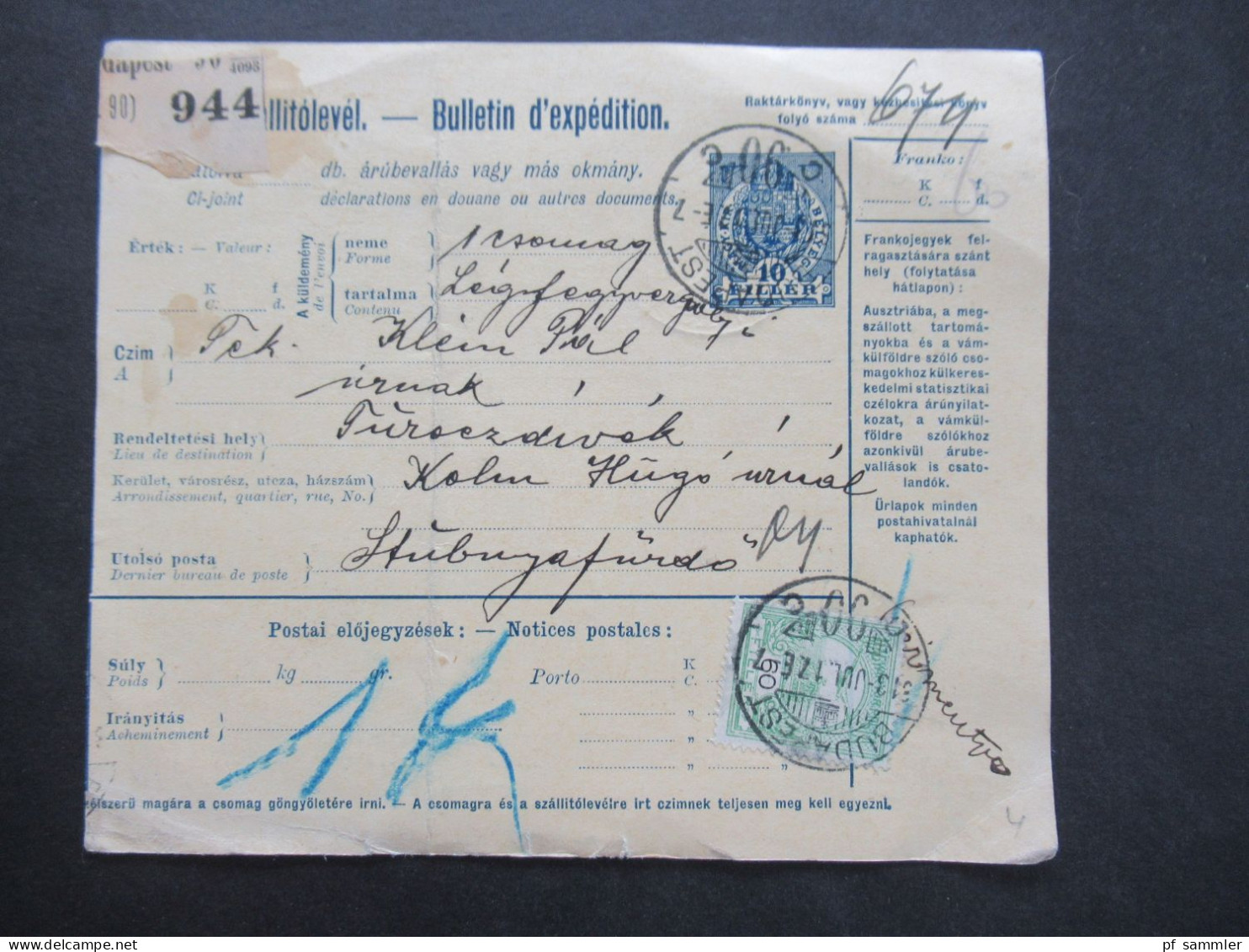 Ungarn 1913 4x Paketkarte ab Budapest nach Stubnya Fürdo mit vielen Stempeln und Vermerken!!