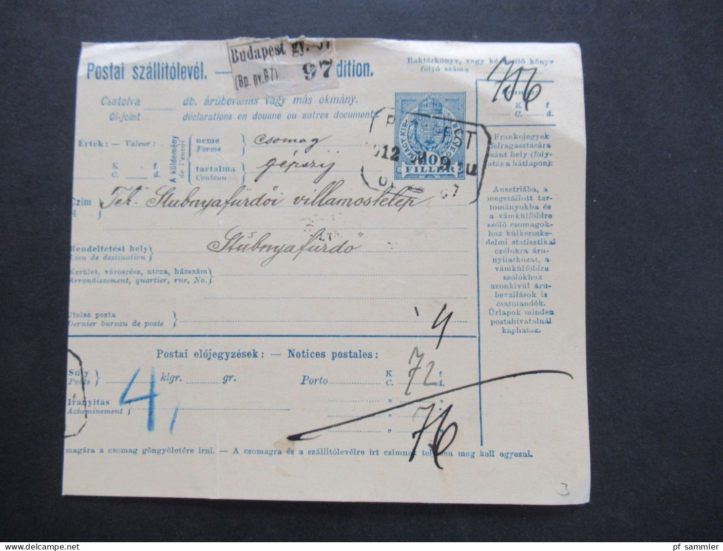 Ungarn 1913 4x Paketkarte ab Budapest nach Stubnya Fürdo mit vielen Stempeln und Vermerken!!