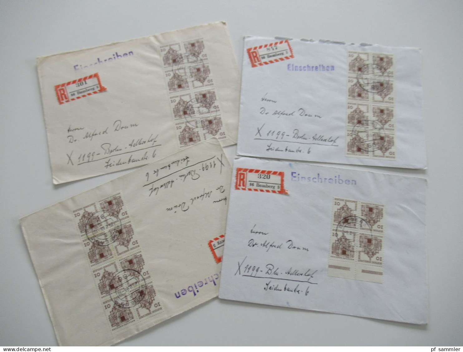 Berlin Freimarken Deutsche Bauwerke Mi.Nr.242 Zusamendrucke Aus MHB / ZD K4 (Kehrdruck) 4 Belege Einschreiben Bamberg - Storia Postale