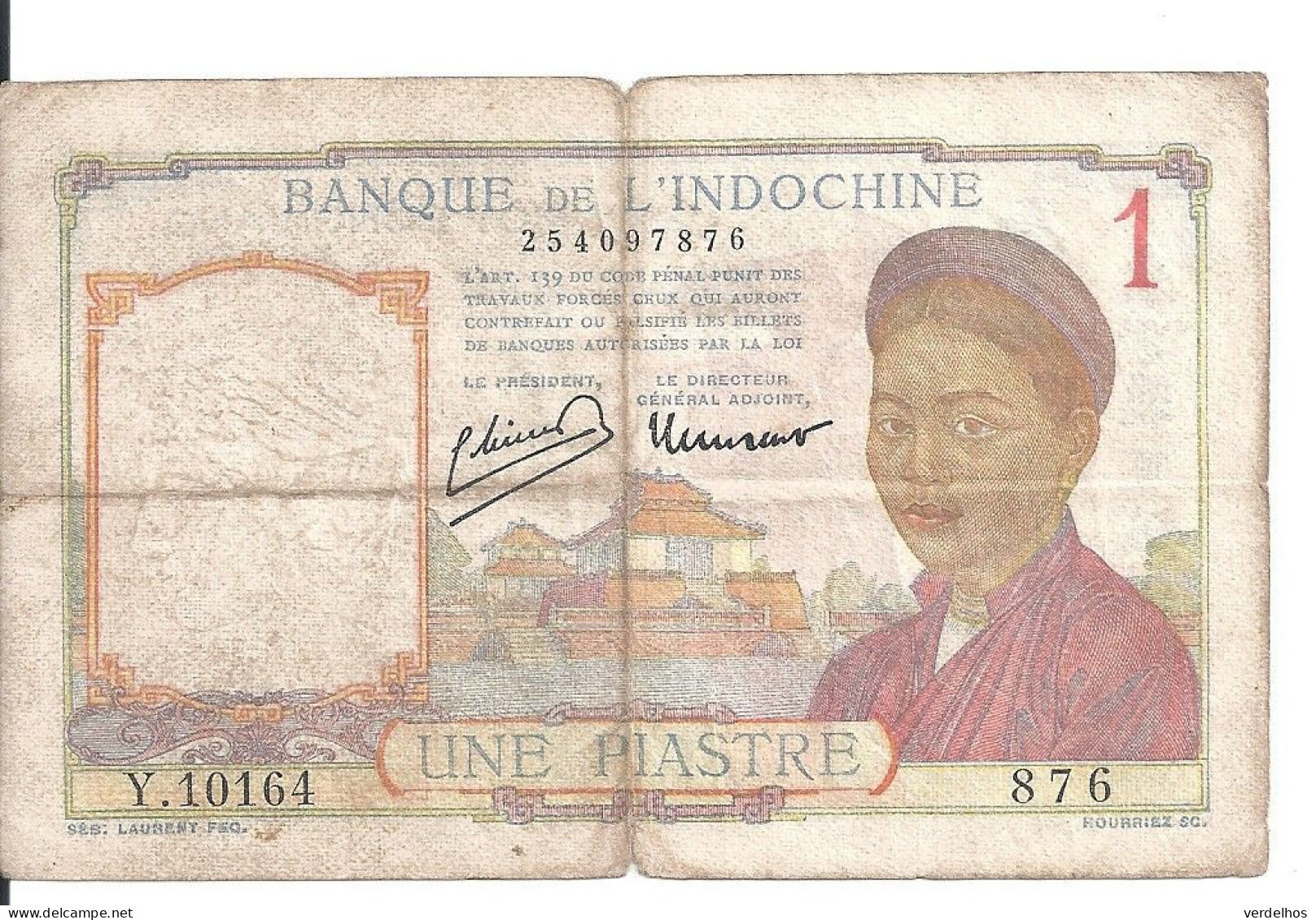 INDOCHINE 1 PIASTRE 1949 VG+ P 54 - Indochina