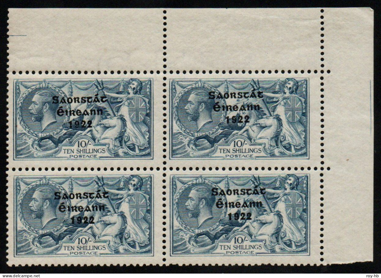 1922-23 Thom Saorstát 10/- Corner Block Of 4 With "re-touch To 0 In 10/-", Never-hinged - Ungebraucht