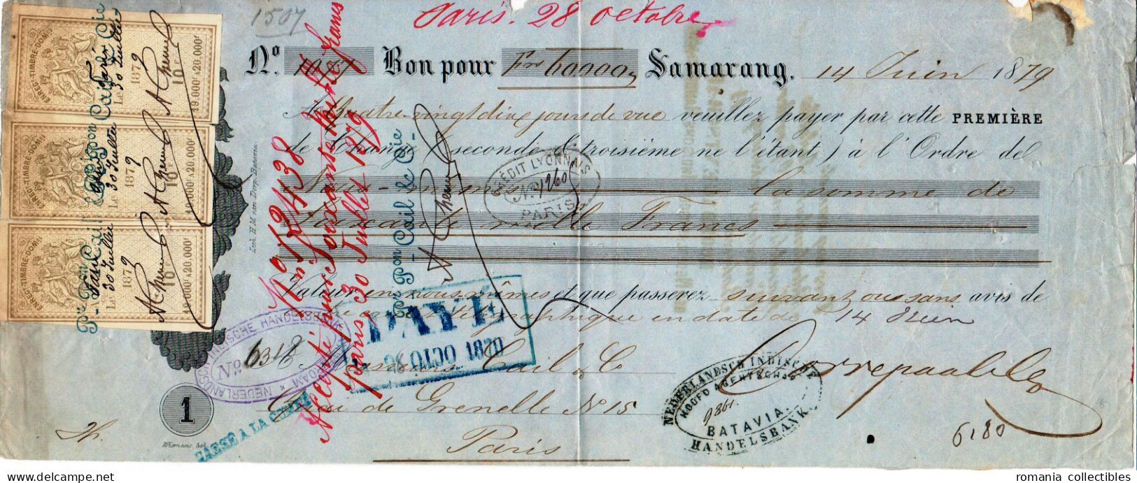 Netherlands East Indies, 1879, Vintage Cheque Order / Promissory Note - Samarang - Revenue Fiscal Stamps / Cinderellas - Chèques & Chèques De Voyage