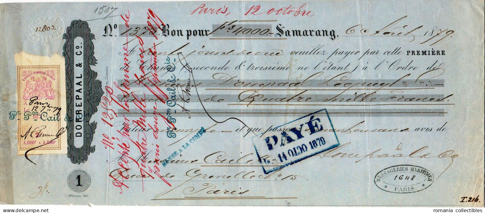 Netherlands East Indies, 1879, Vintage Cheque Order / Promissory Note - Samarang - Revenue Fiscal Stamp / Cinderella - Chèques & Chèques De Voyage