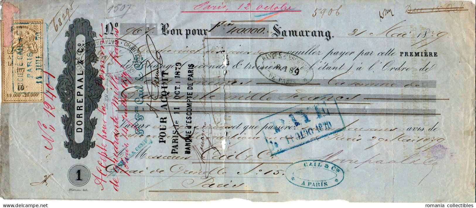 Netherlands East Indies, 1879, Vintage Cheque Order / Promissory Note - Samarang - Revenue Fiscal Stamp / Cinderella - Chèques & Chèques De Voyage