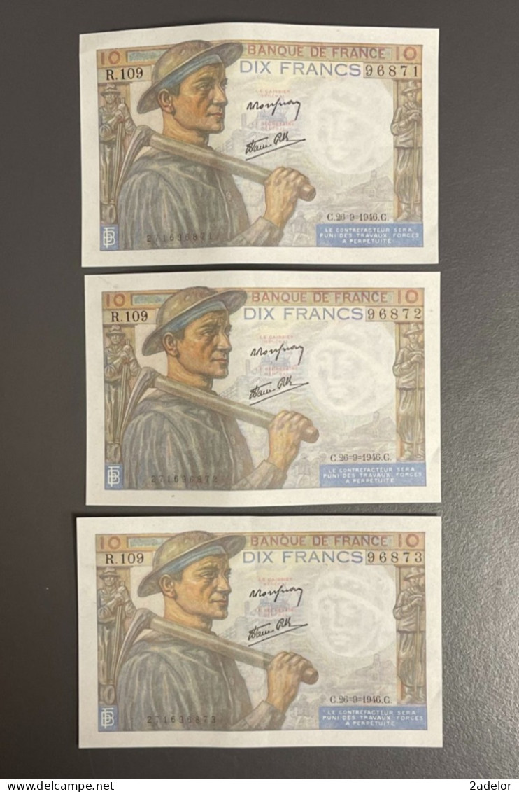 Beau Lot De 3 Billets De 10 Francs Mineur 1946, Numéros Se Suivant. A Découvrir - 10 F 1941-1949 ''Mineur''