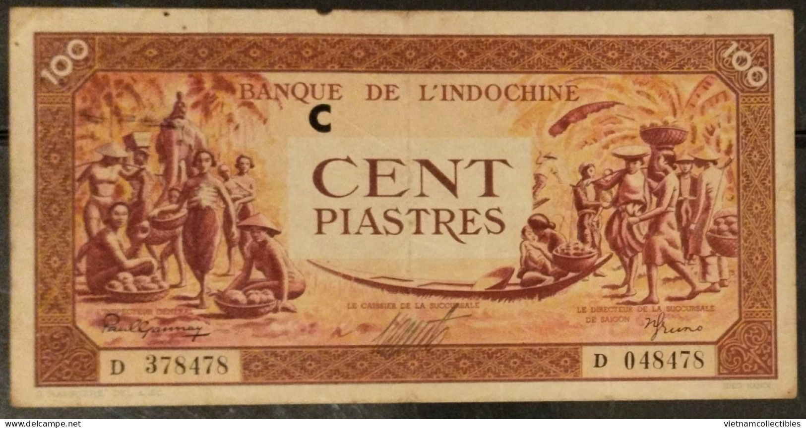 French Indochine Indochina Vietnam Viet Nam Laos Cambodia 100 Piastres VF Banknote Note 1942-45 / Pick # 66 - Letter C - Indochine