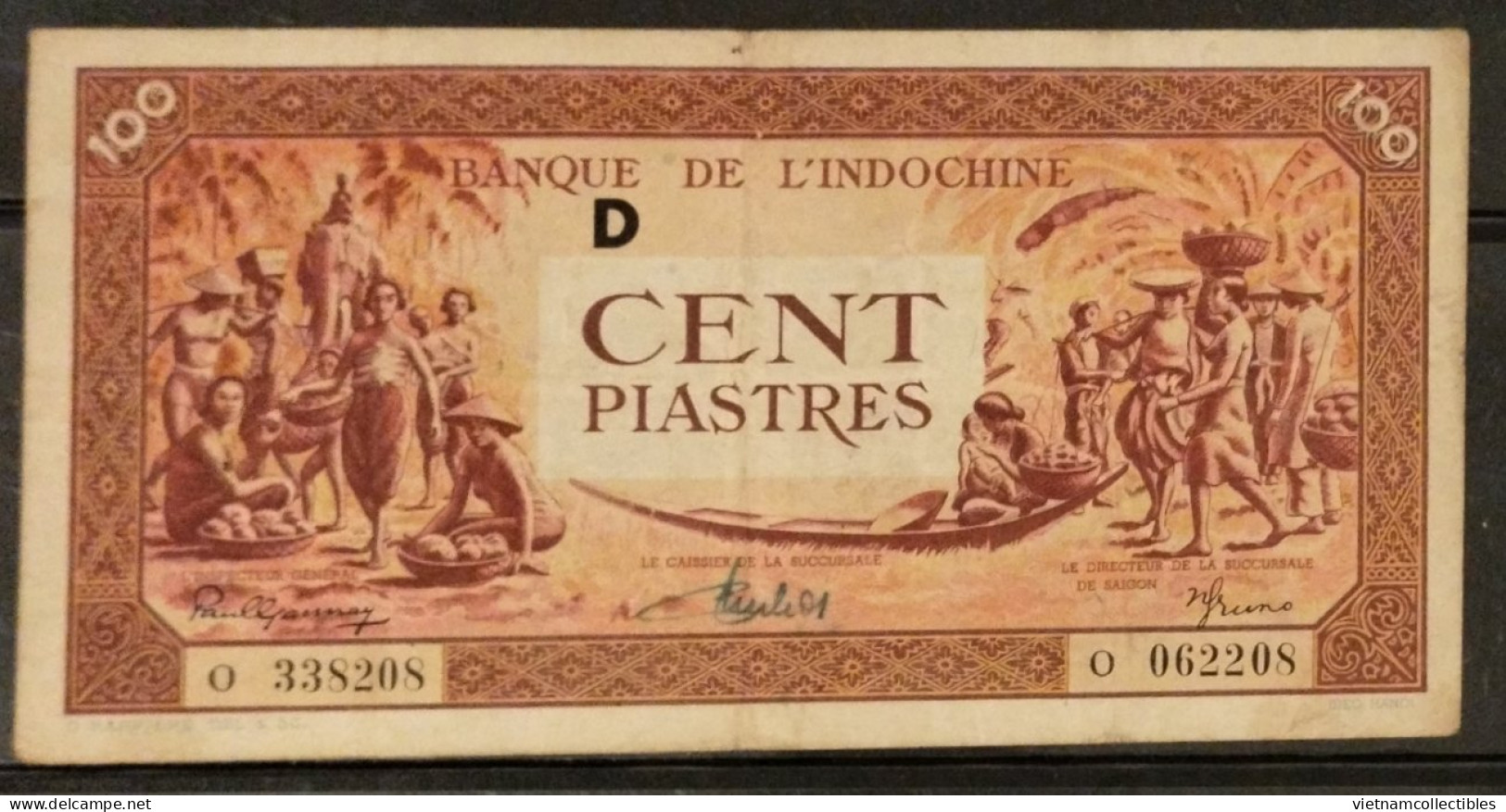 French Indochine Indochina Vietnam Viet Nam Laos Cambodia 100 Piastres VF Banknote Note 1942-45 / Pick # 66 - Letter D - Indochine