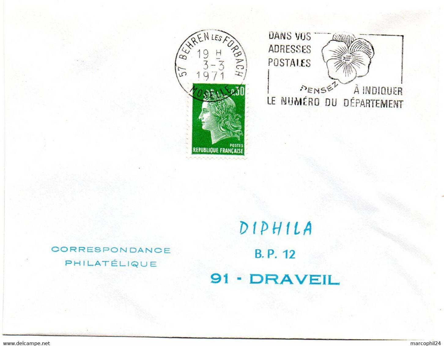 MOSELLE  - Dépt N° 57 = BEHREN LES FORBACH 1971 = FLAMME à DROITE = SECAP Multiple ' PENSEZ à INDIQUER ' = Pensée N° 2 - Codice Postale