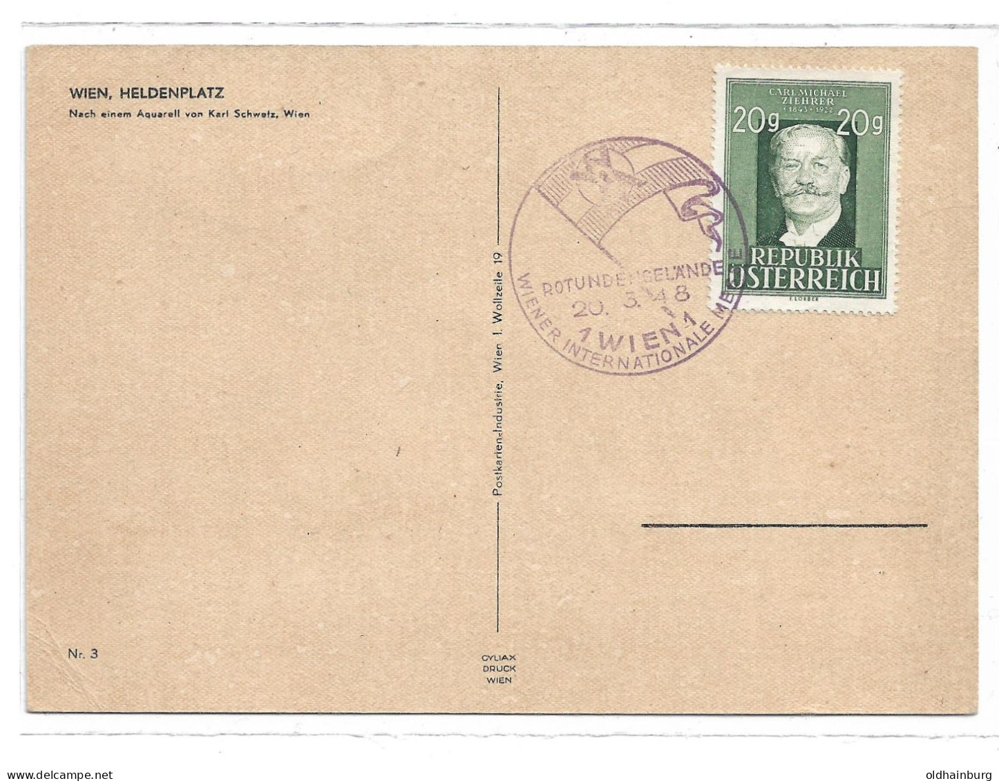 0550h: Wien 1948, Heldenplatz, Rs. Sonderstempel "Rotundengelände" Und Marke Carl Michael Ziehrer - Ringstrasse
