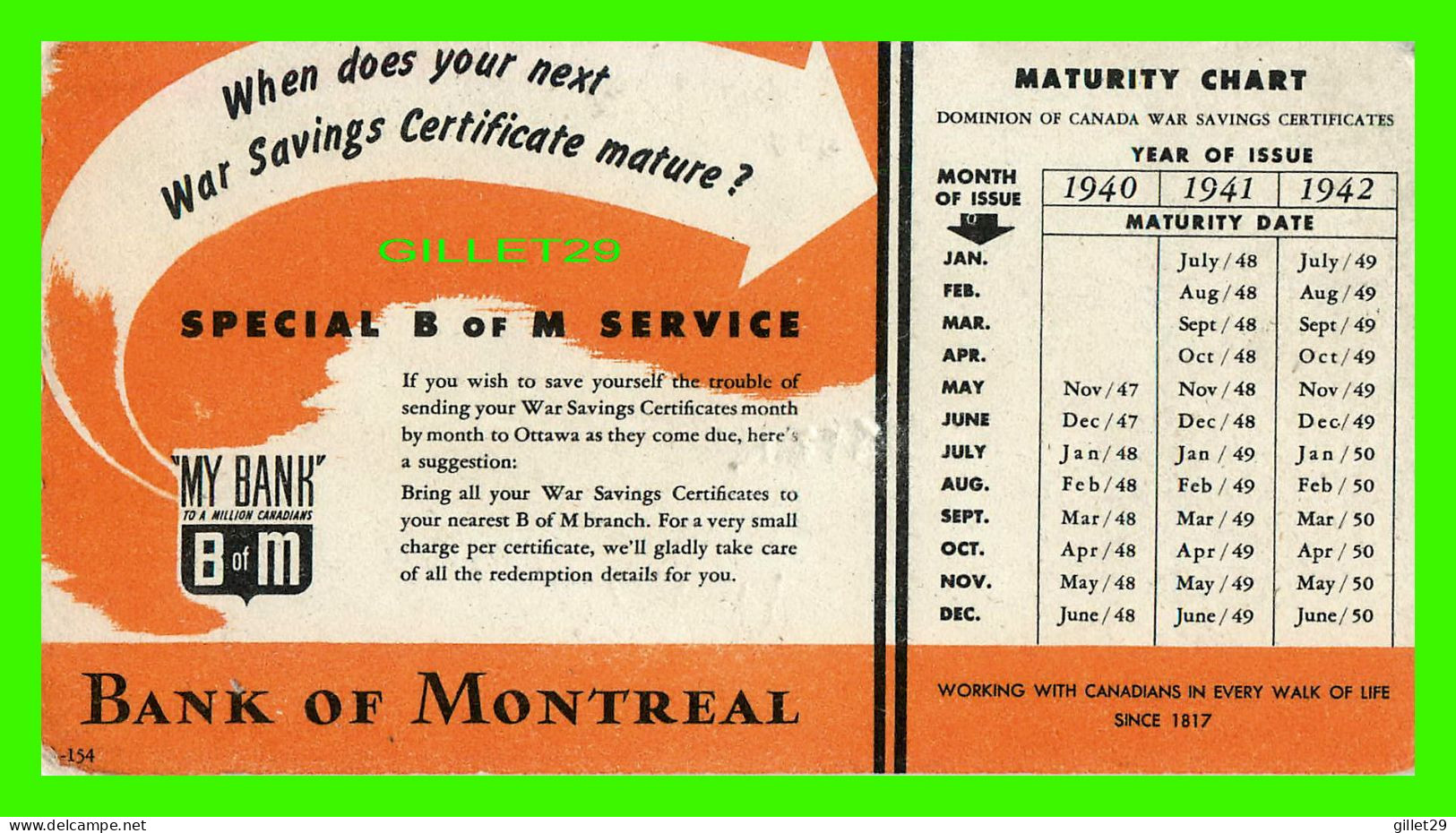 BUVARD - BANK ON MONTREAL - MATURITY CHART 1941-1942 - - Banque & Assurance