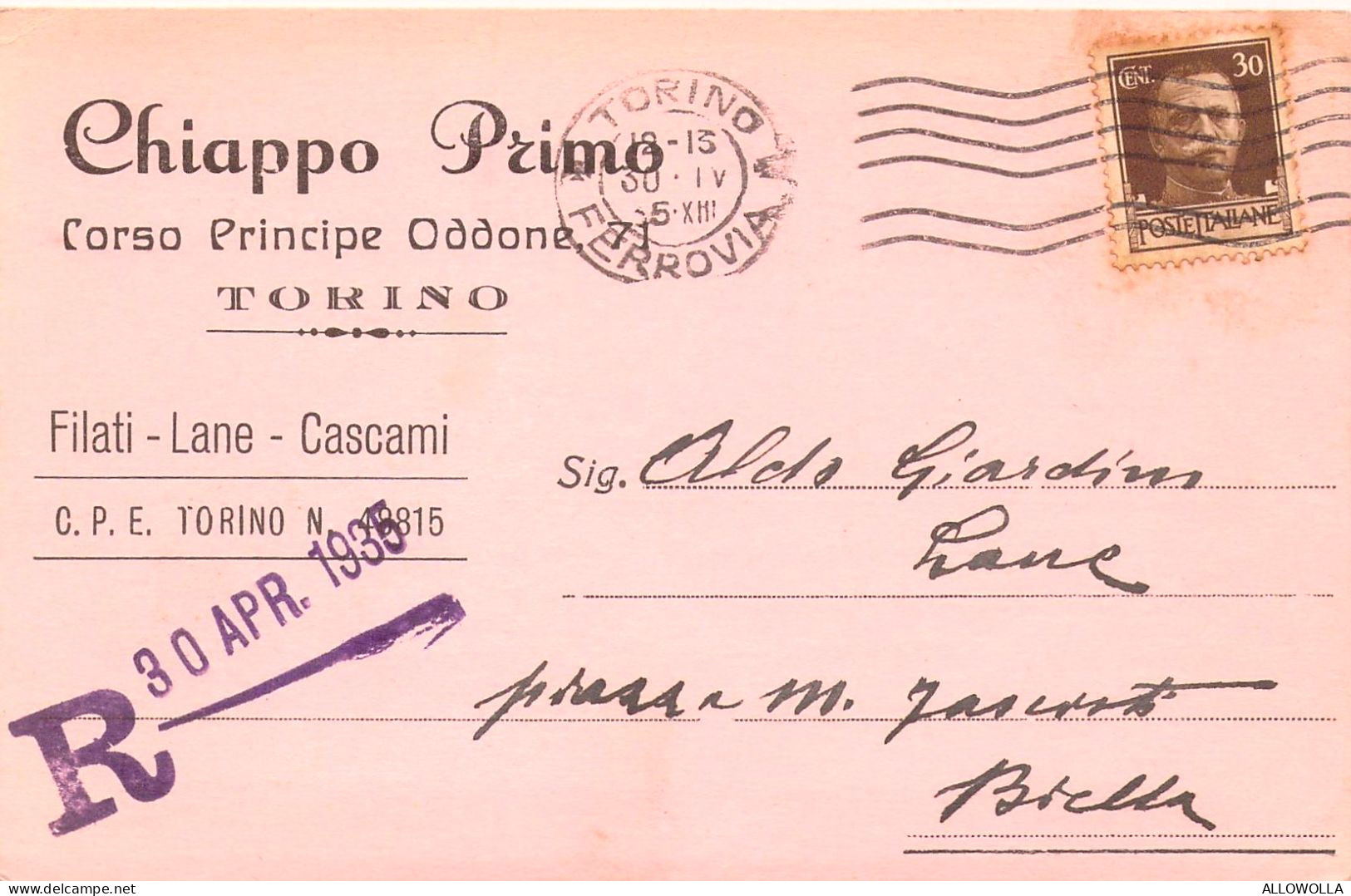 21213 " CHIAPPO PRIMO-FILATI-LANE-CASCAMI-TORINO"-CART. POST. SPEDITA1935 - Mercaderes