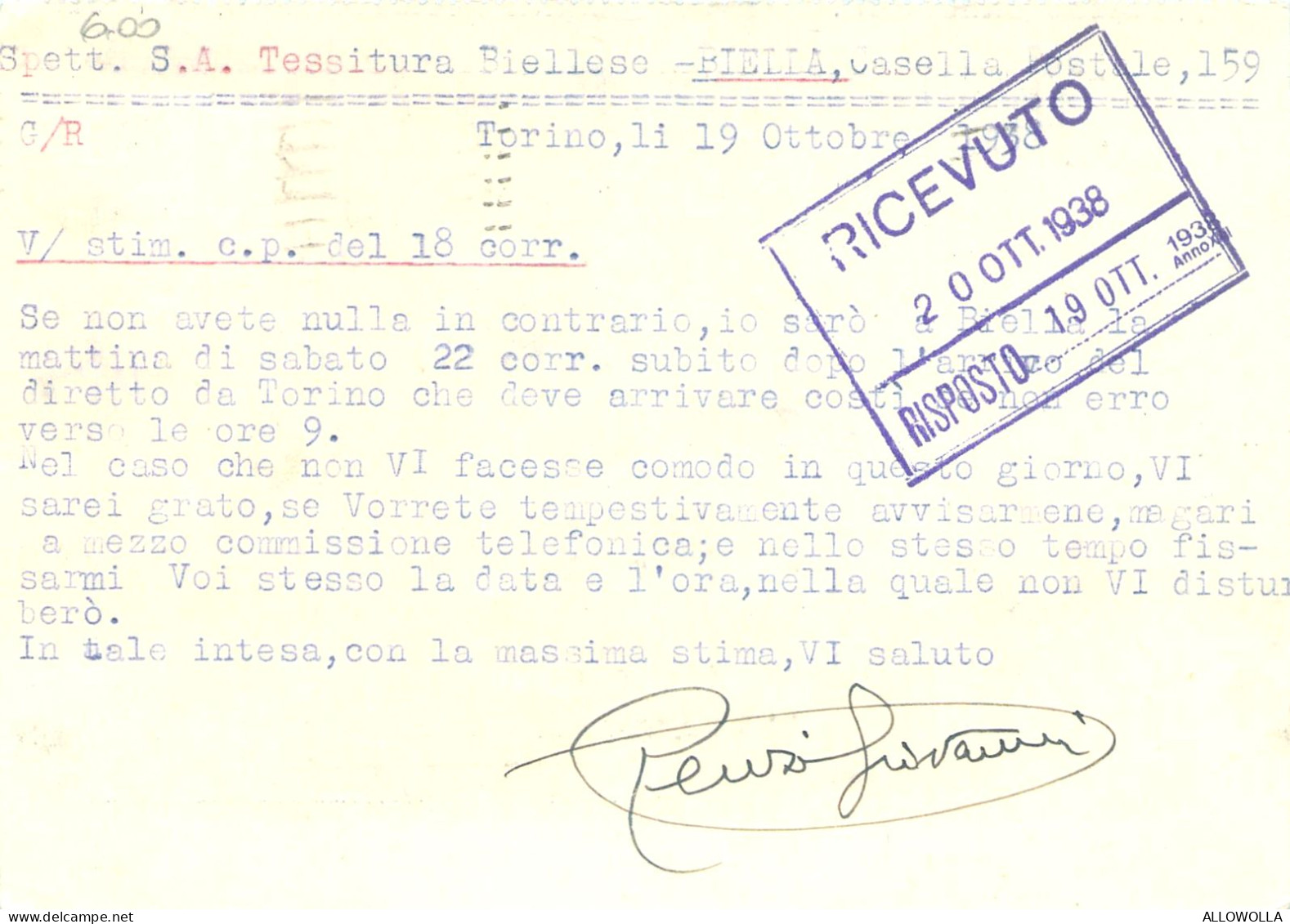 21215 " GIOVANNI RENZI-TORINO"-CART. POST. SPEDITA1938 - Mercaderes